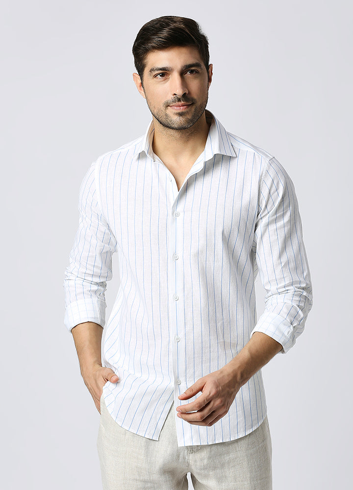 Cutaway Collar Stripe Shirt - Blue , White Shirt