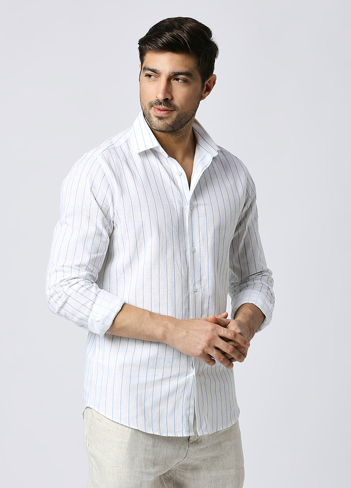 Cutaway Collar Stripe Shirt - Blue , White Shirt
