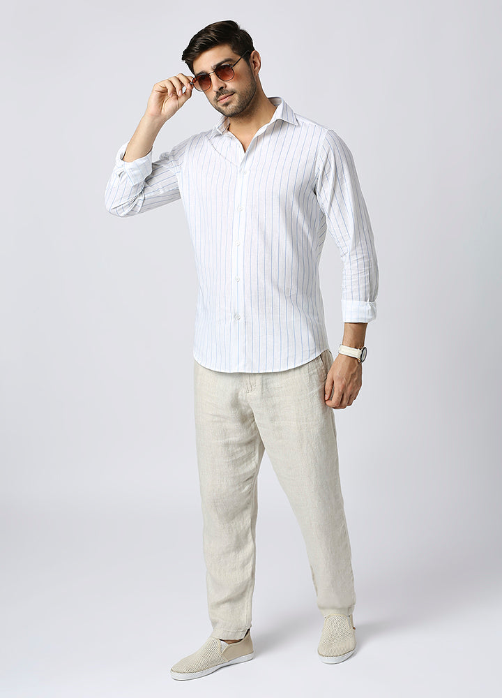 Cutaway Collar Stripe Shirt - Blue , White Shirt