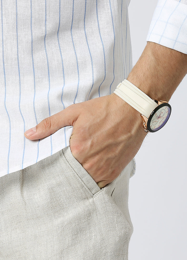 Cutaway Collar Stripe Shirt - Blue , White Shirt