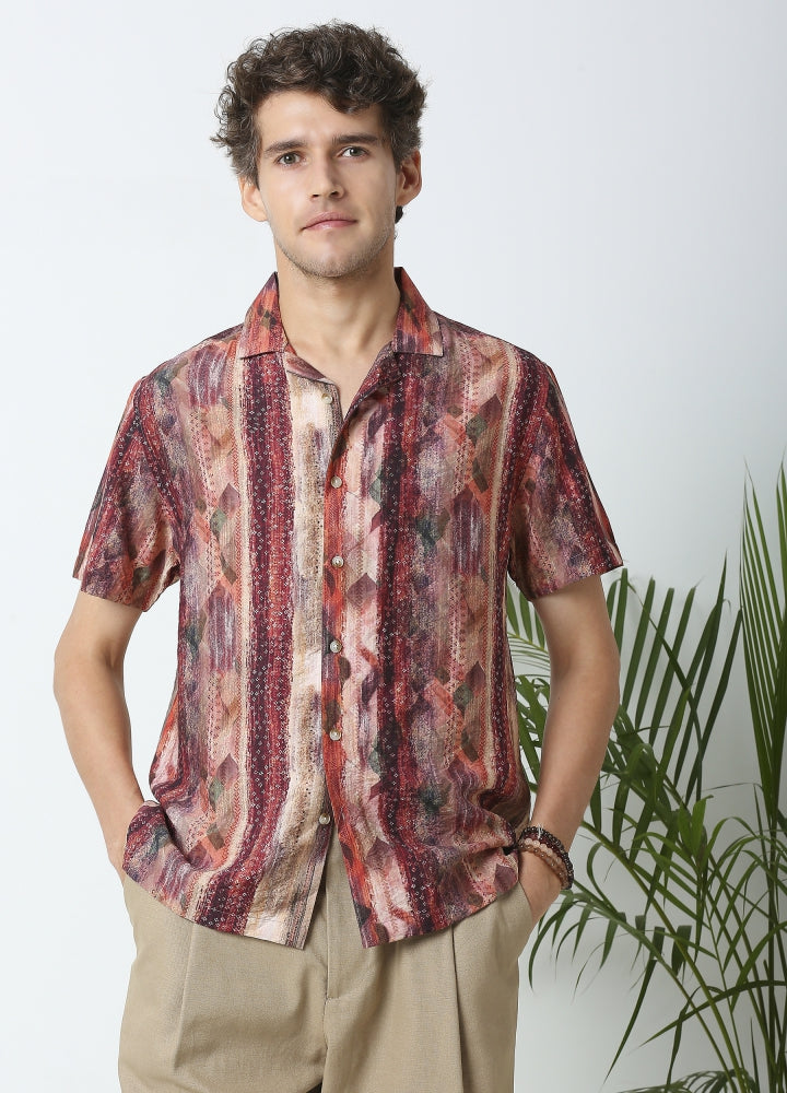 Camp Collar Rustic Boho Print Shirt - Canyon Red