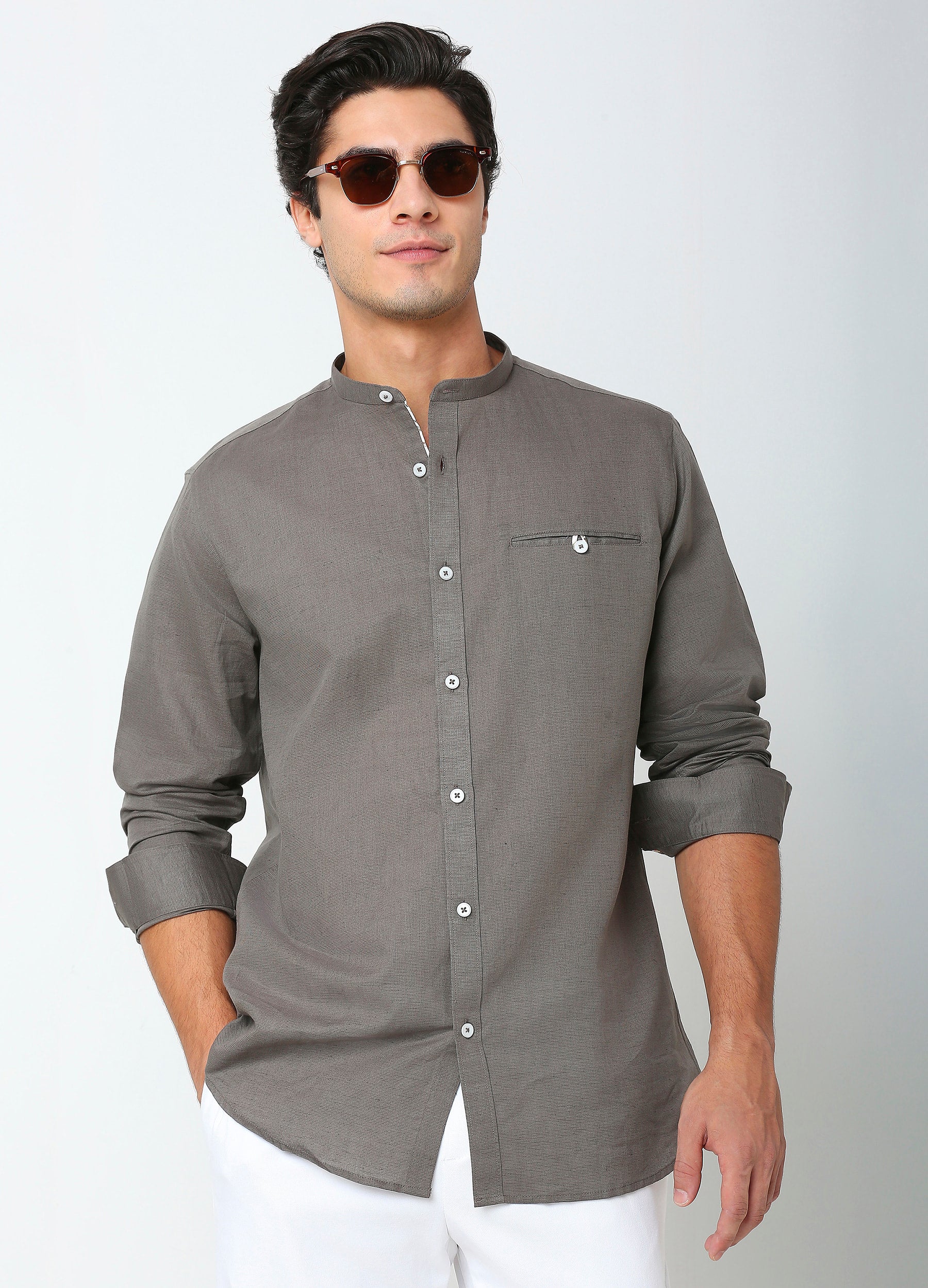 Band Collar Linen Blend Shirt Solid - Iron Grey