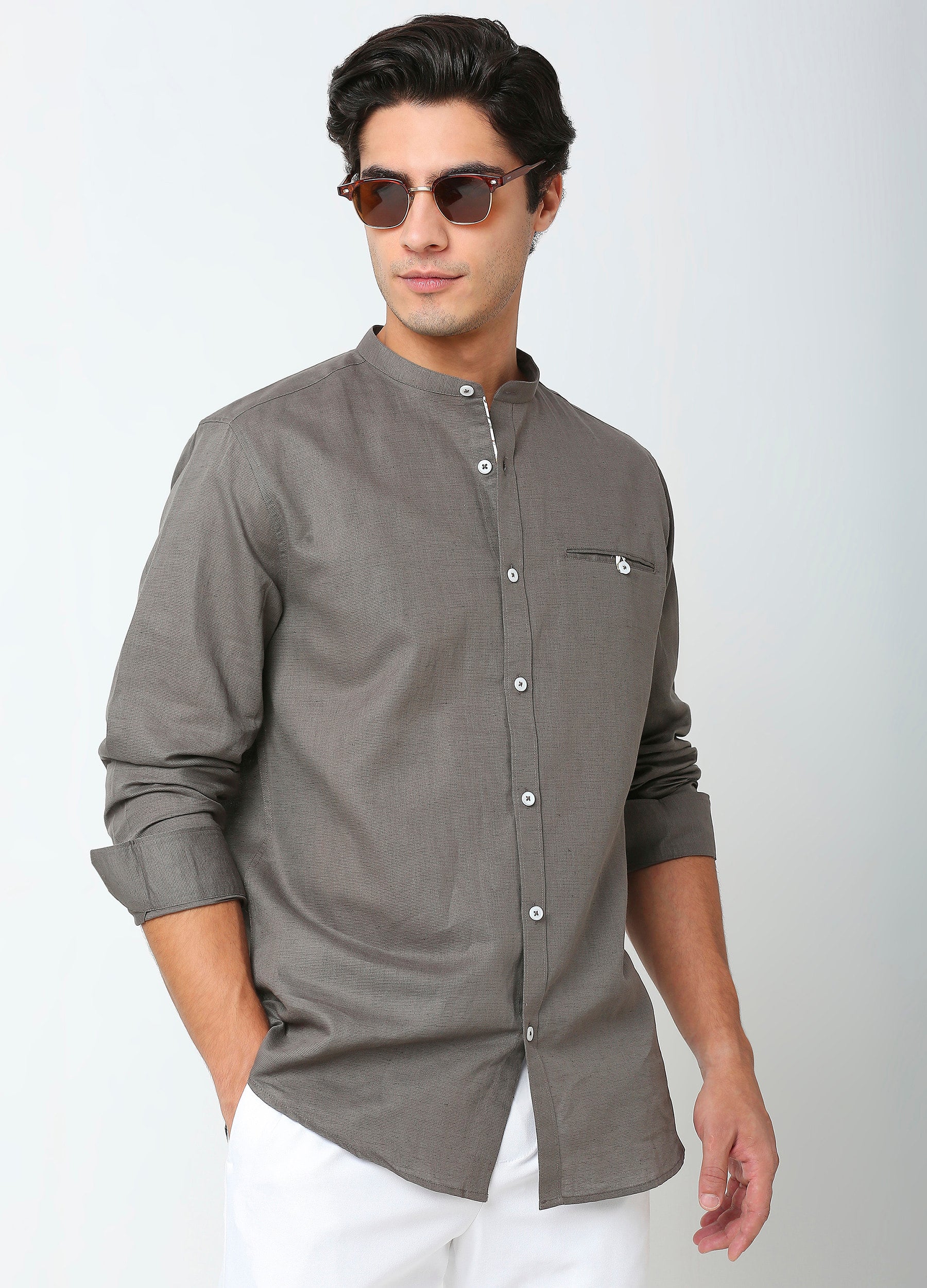 Band Collar Linen Blend Shirt Solid - Iron Grey