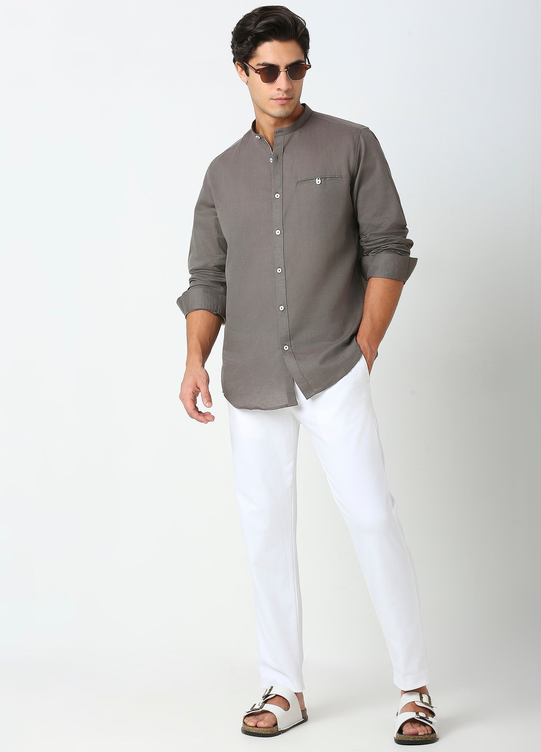 Band Collar Linen Blend Shirt Solid - Iron Grey
