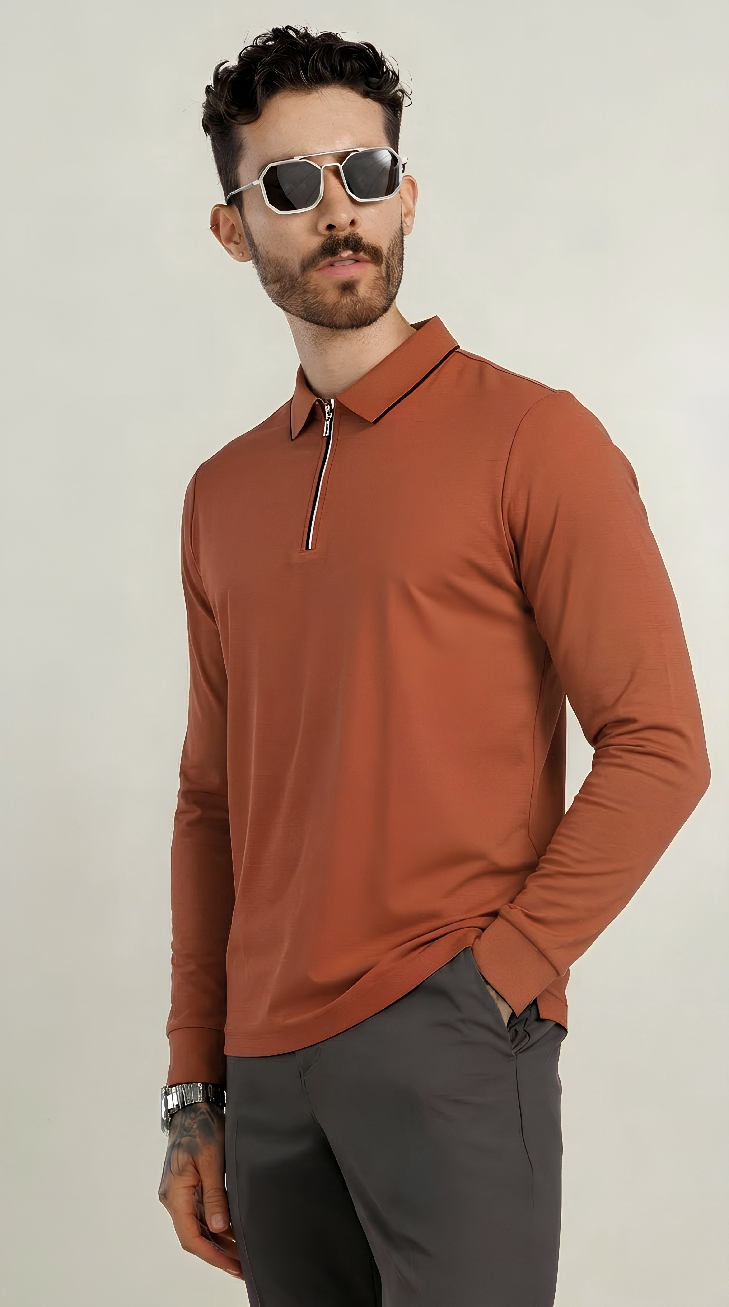 Modal-Stretch Zip Polo - Orange