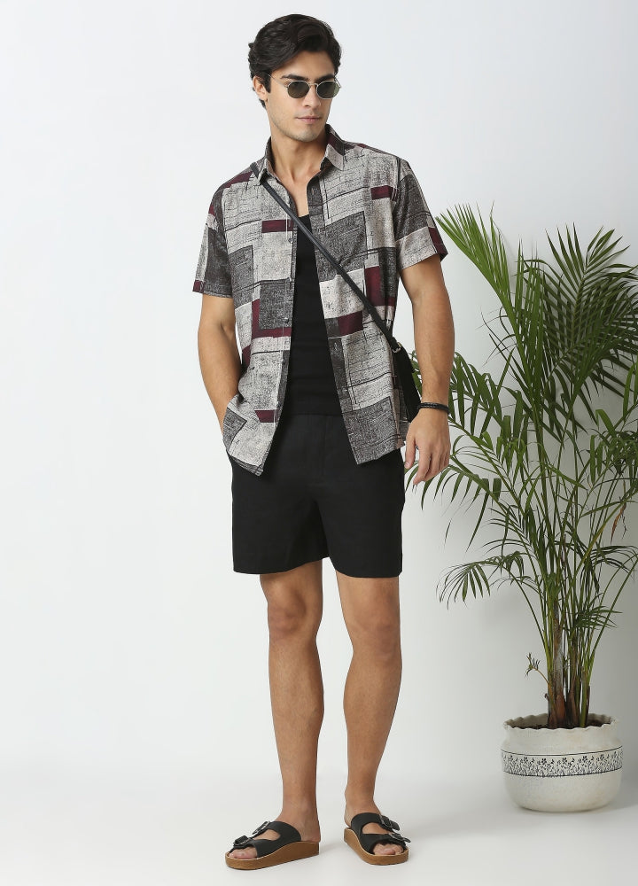 Flat Collar Sigas Print Shirt - Ash Grey