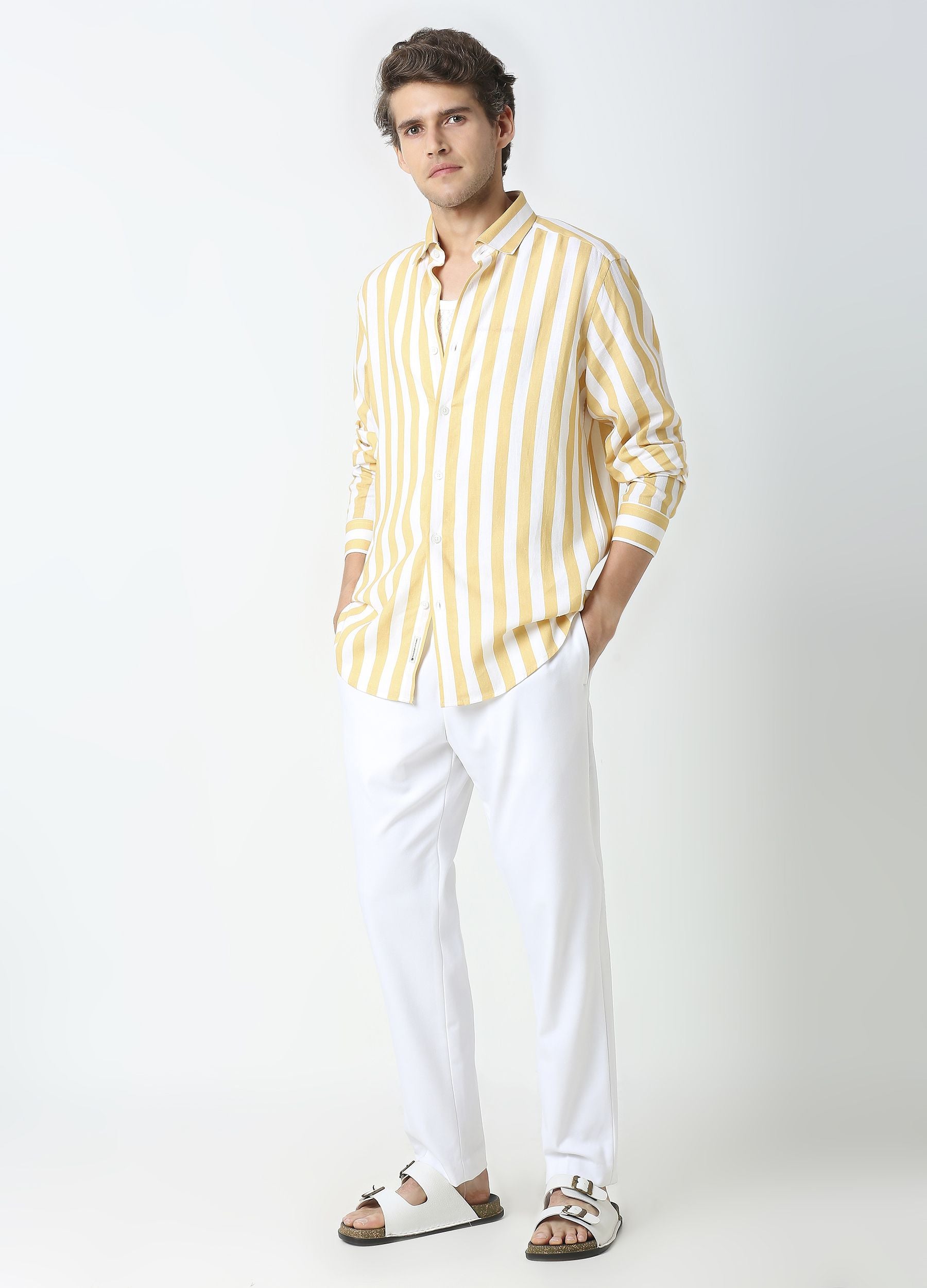 Cutaway Collar Stripe Shirt - Mustard