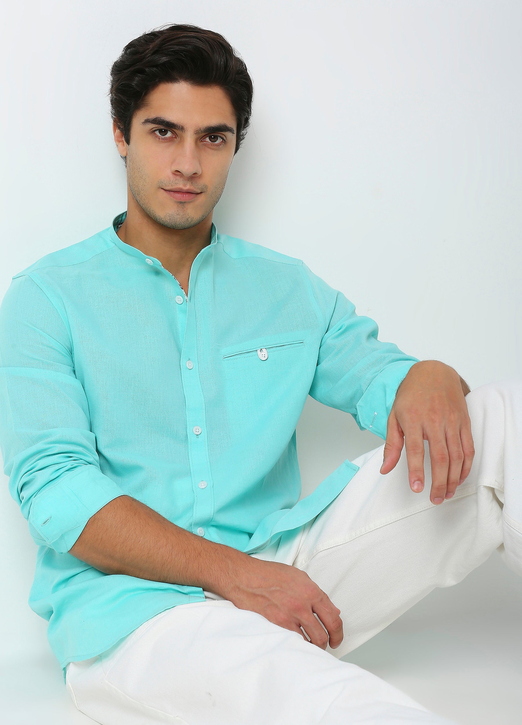 Band Collar Linen Blend Solid Shirt - Aqua Blue