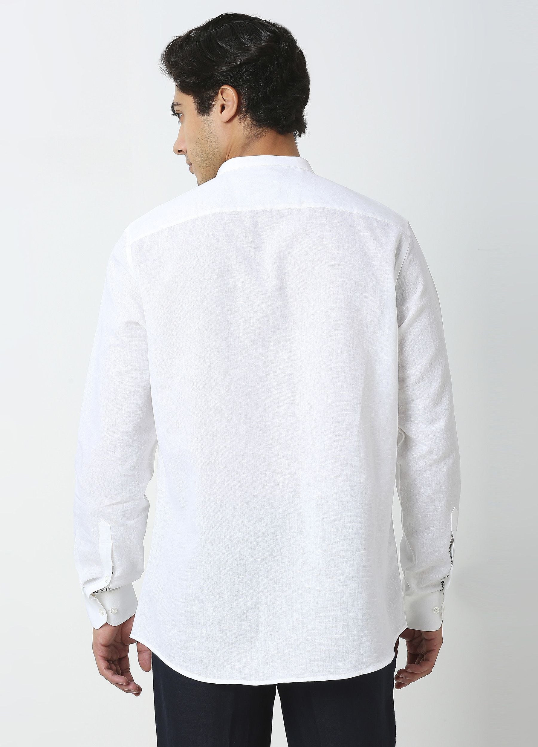 Band Collar Linen Blend Solid Shirt - White