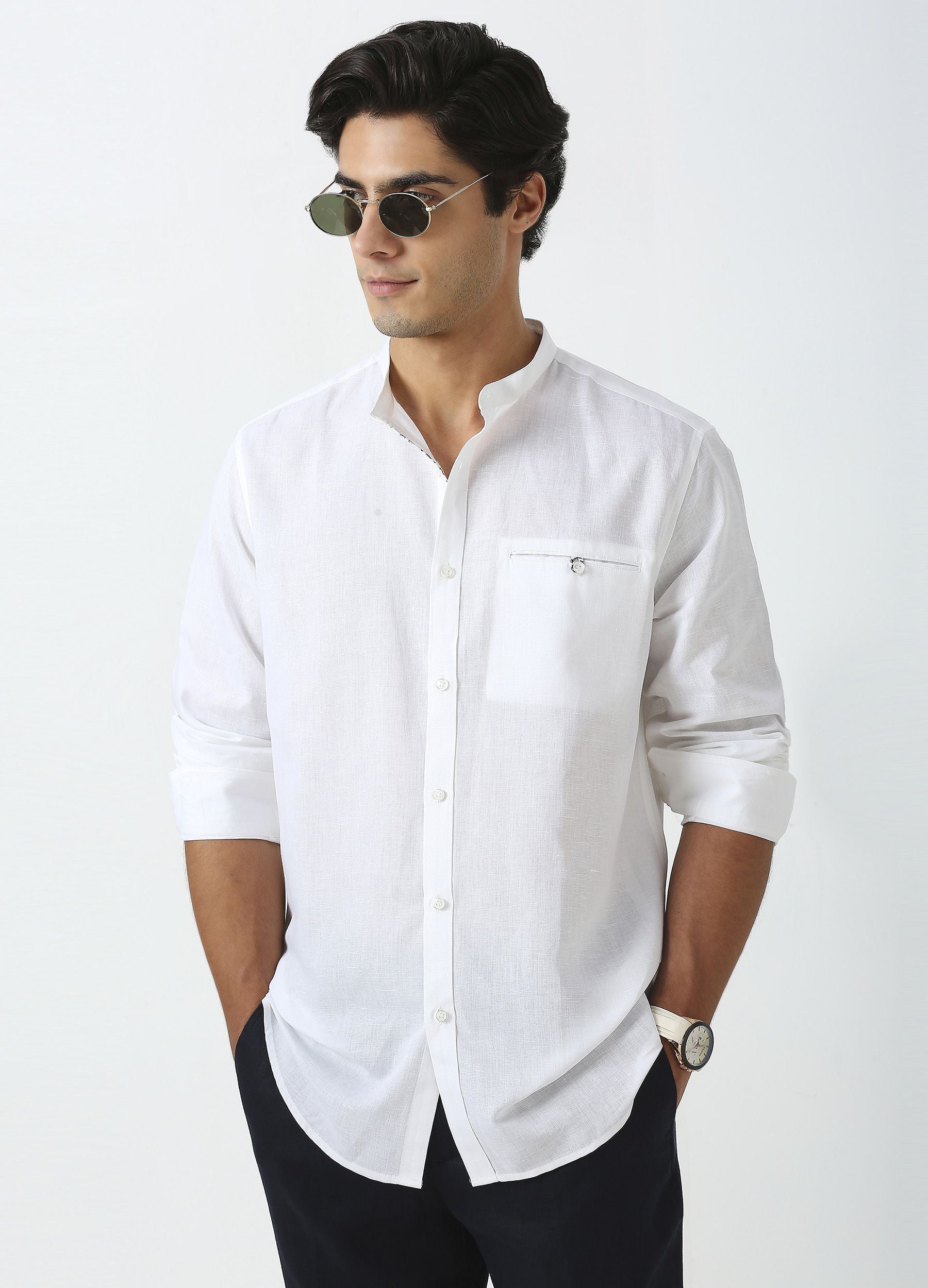 Band Collar Linen Blend Solid Shirt - White