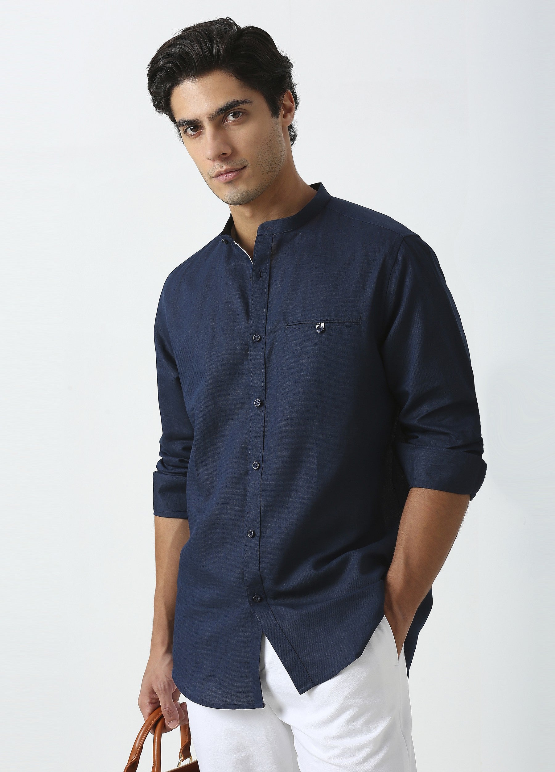 Band Collar Linen Blend Solid Shirt - Navy Blue