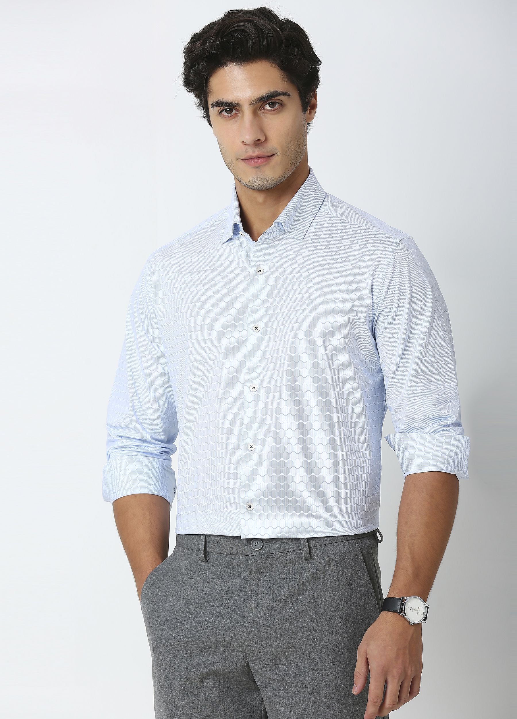 Puzzled Button Down print Knit Shirt - Light Blue