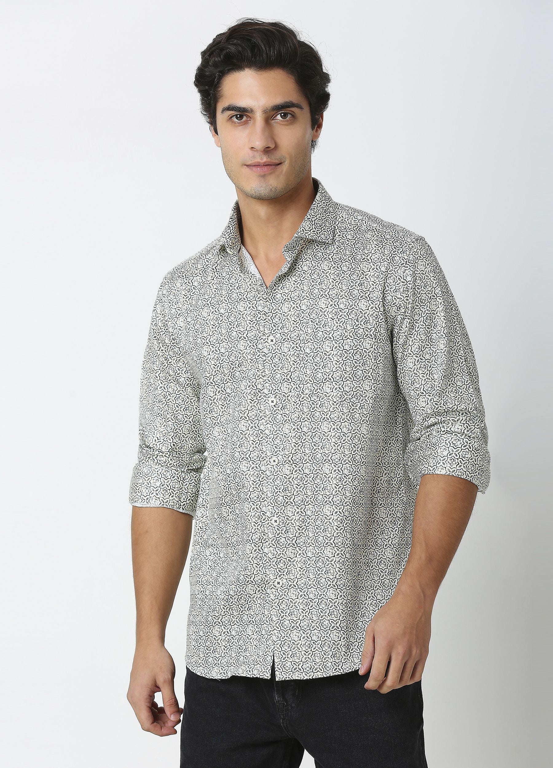Coral: Satin Print Shirt - Eggshell White