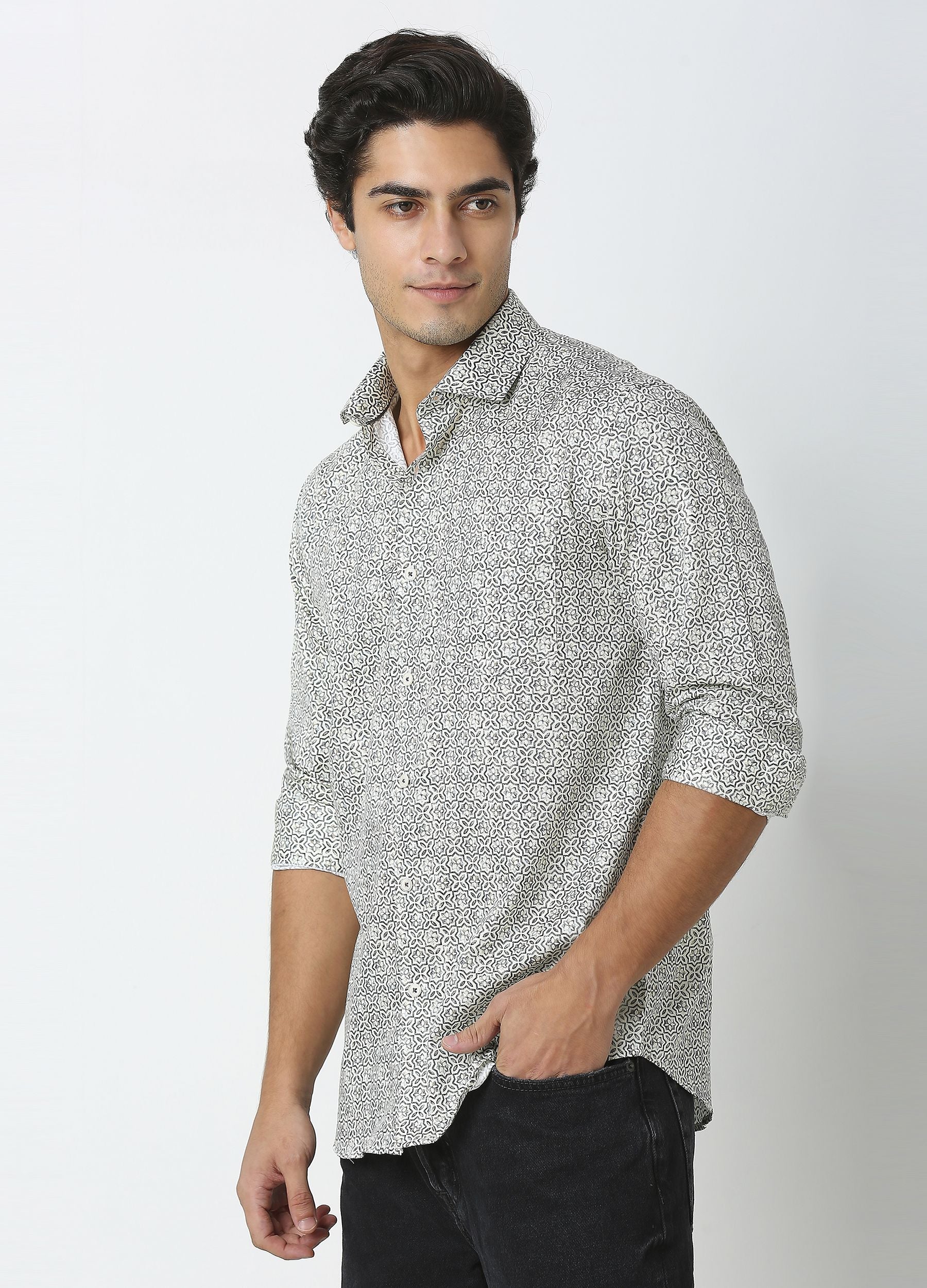 Coral: Satin Print Shirt - Eggshell White