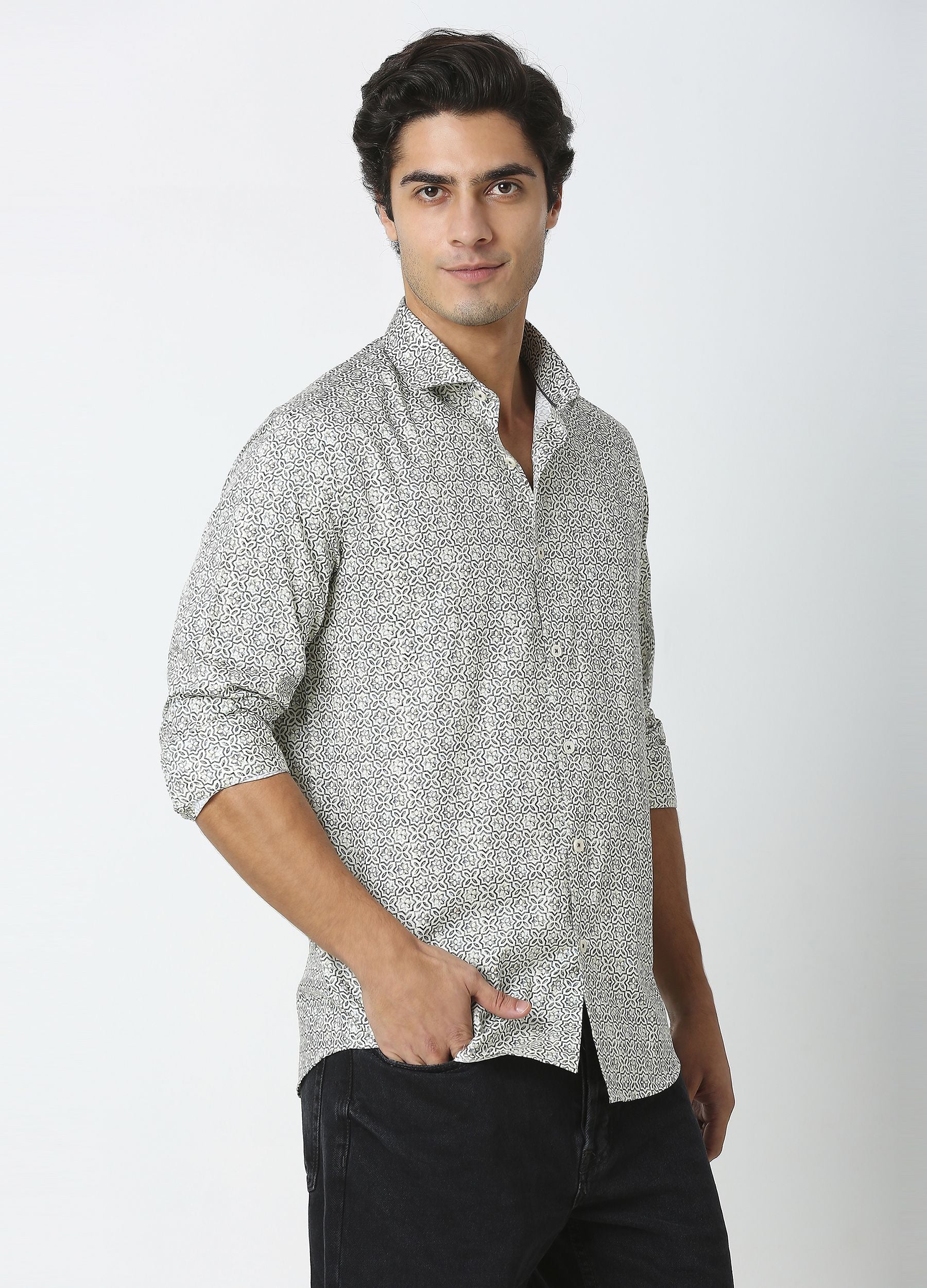 Coral: Satin Print Shirt - Eggshell White