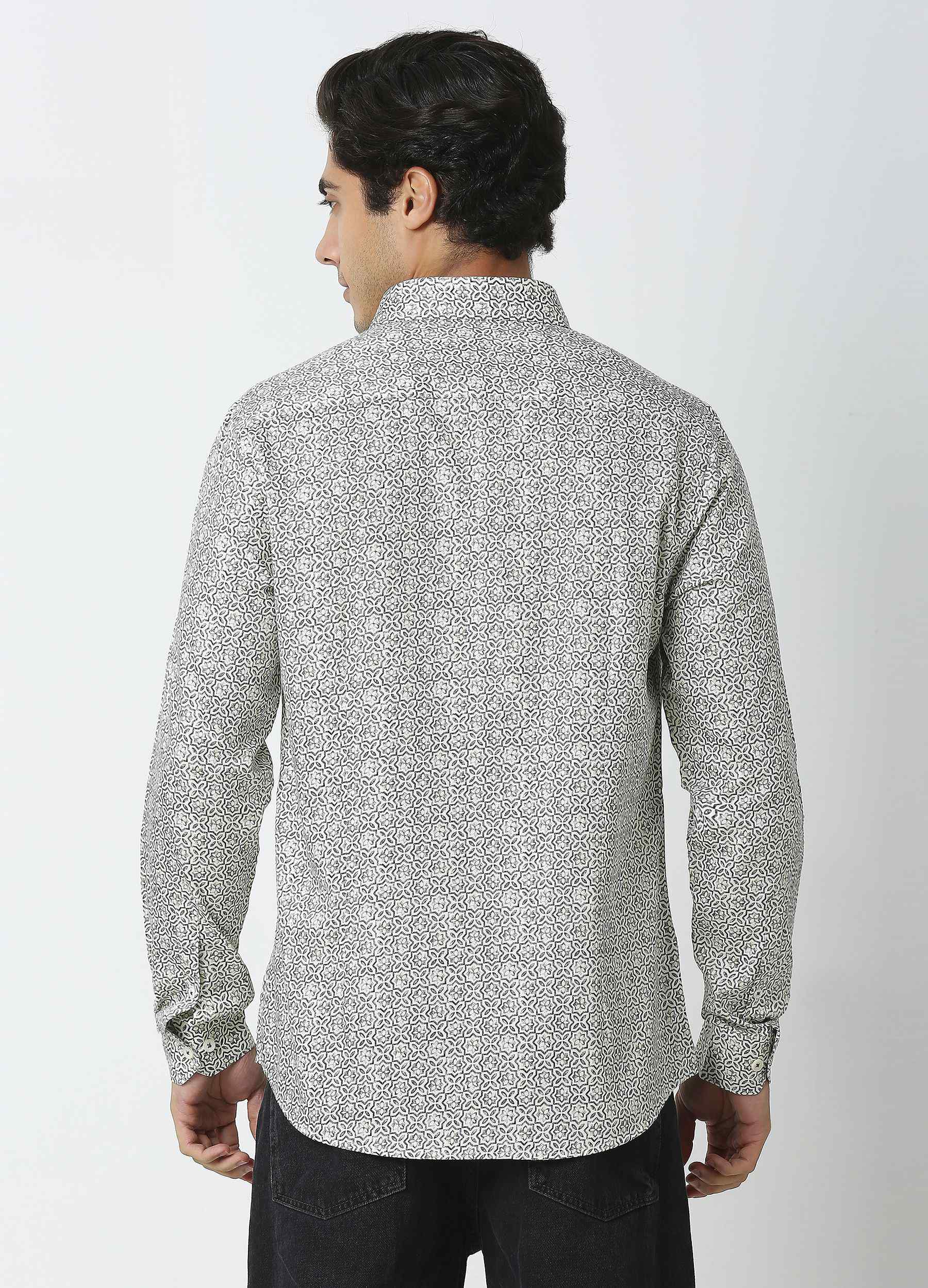 Coral: Satin Print Shirt - Eggshell White