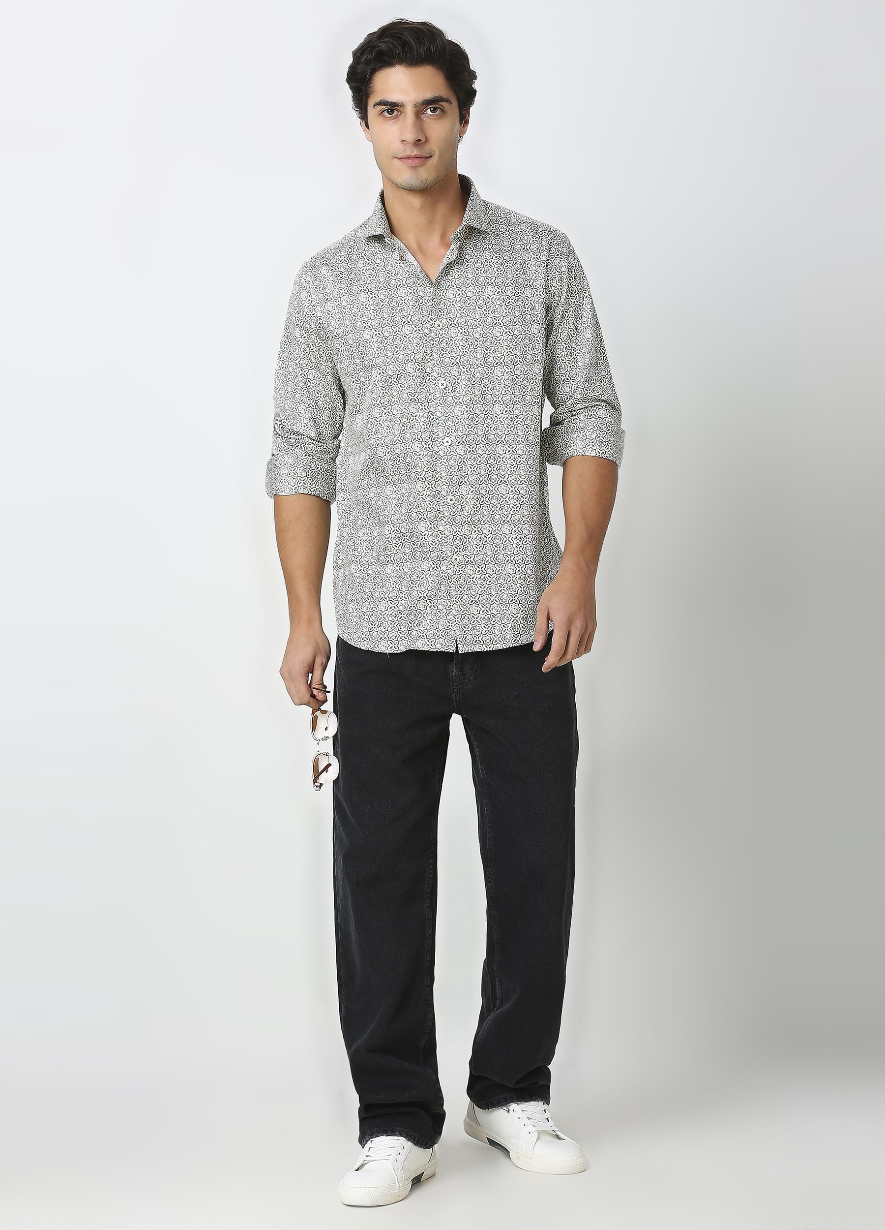 Coral: Satin Print Shirt - Eggshell White