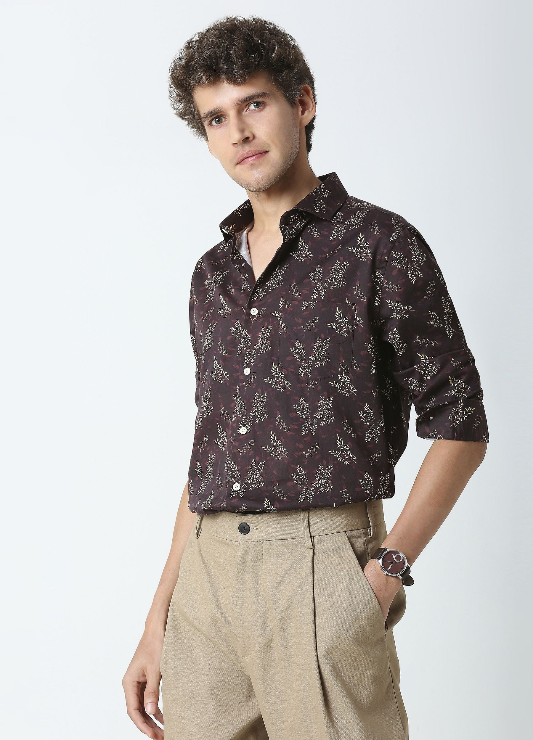 Fresia: Satin Print Shirt - Deep Coffee
