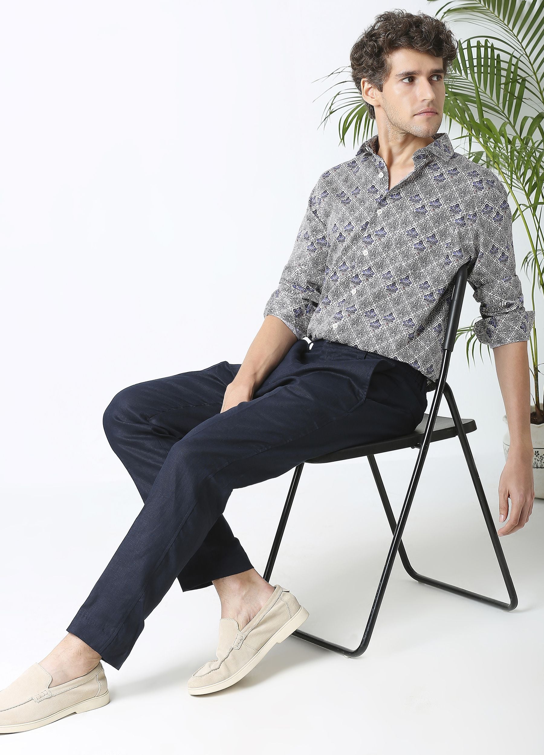 Topio: Satin Window Damask Print Shirt - Off White