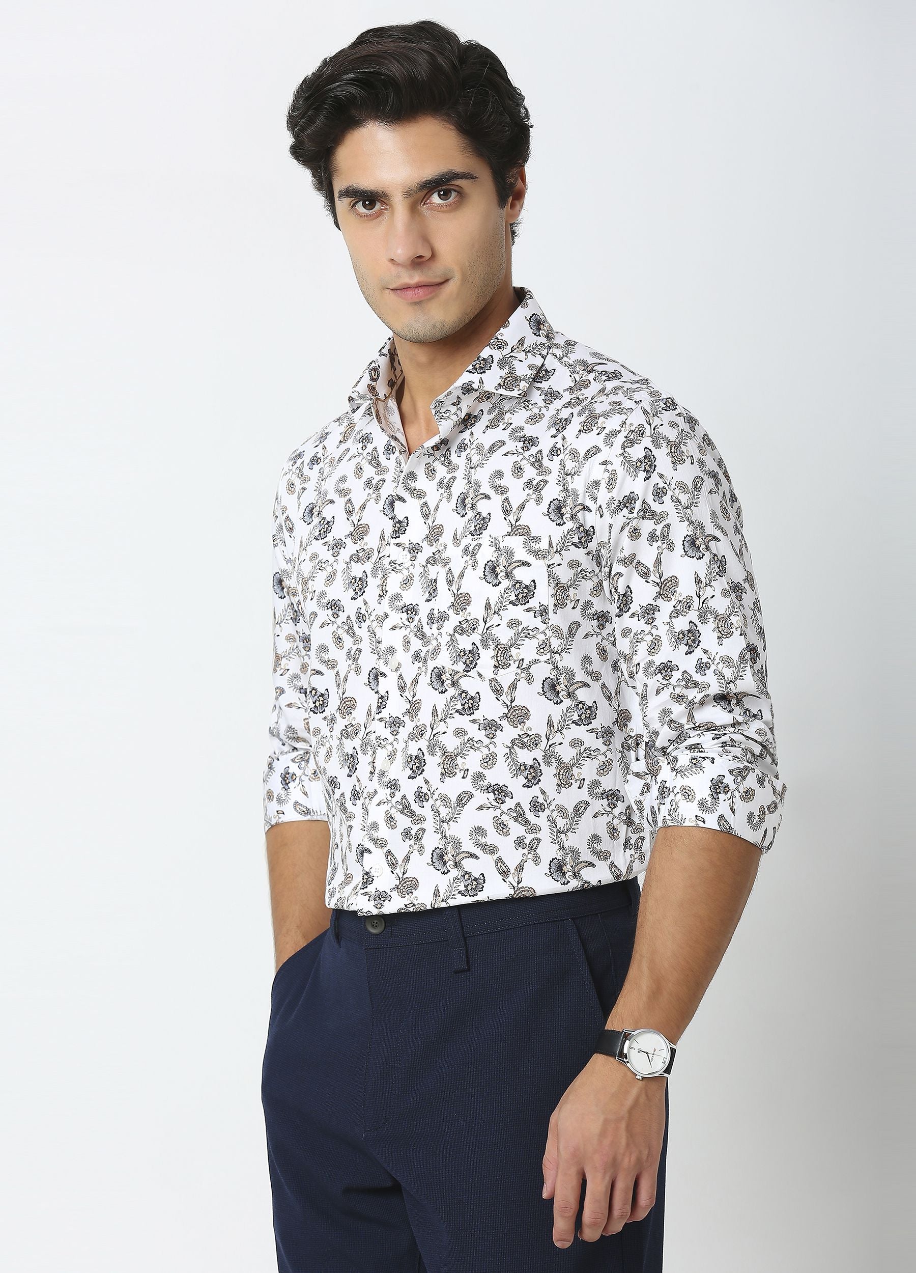 Foxglove: Satin Floral Print Shirt - White