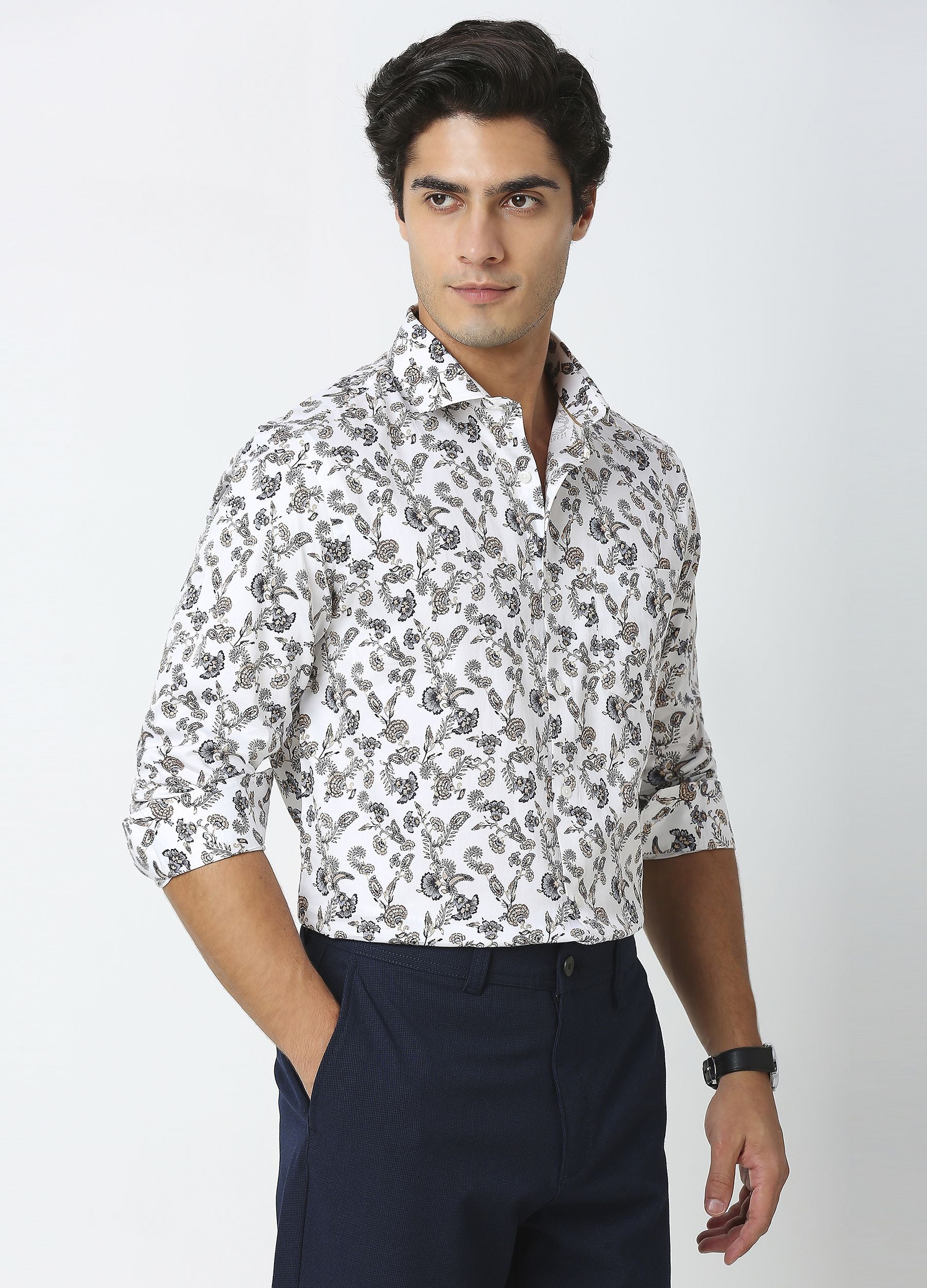 Foxglove: Satin Floral Print Shirt - White