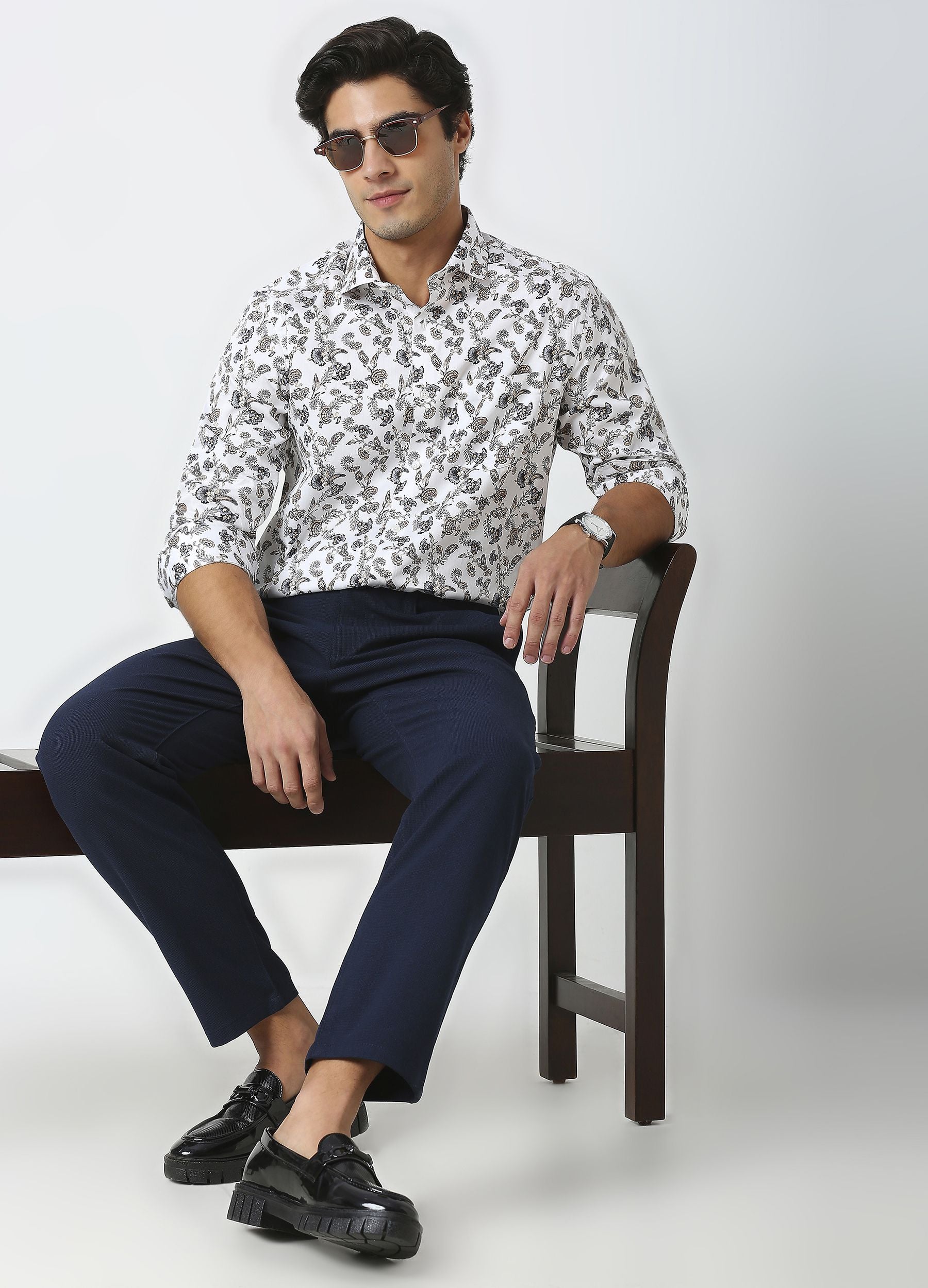 Foxglove: Satin Floral Print Shirt - White