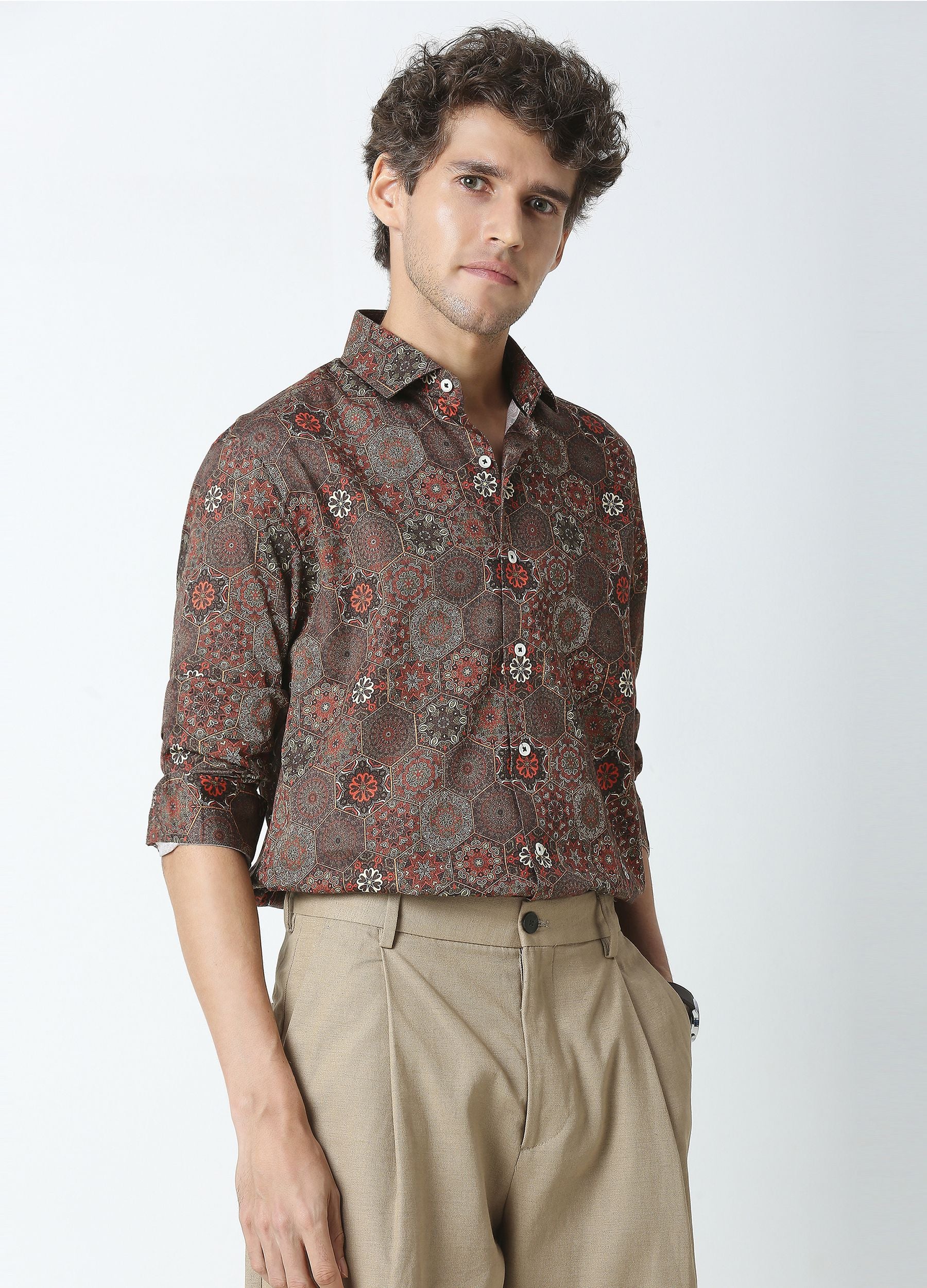 Hexa: Satin Damask Print Shirt - Cedar Brown