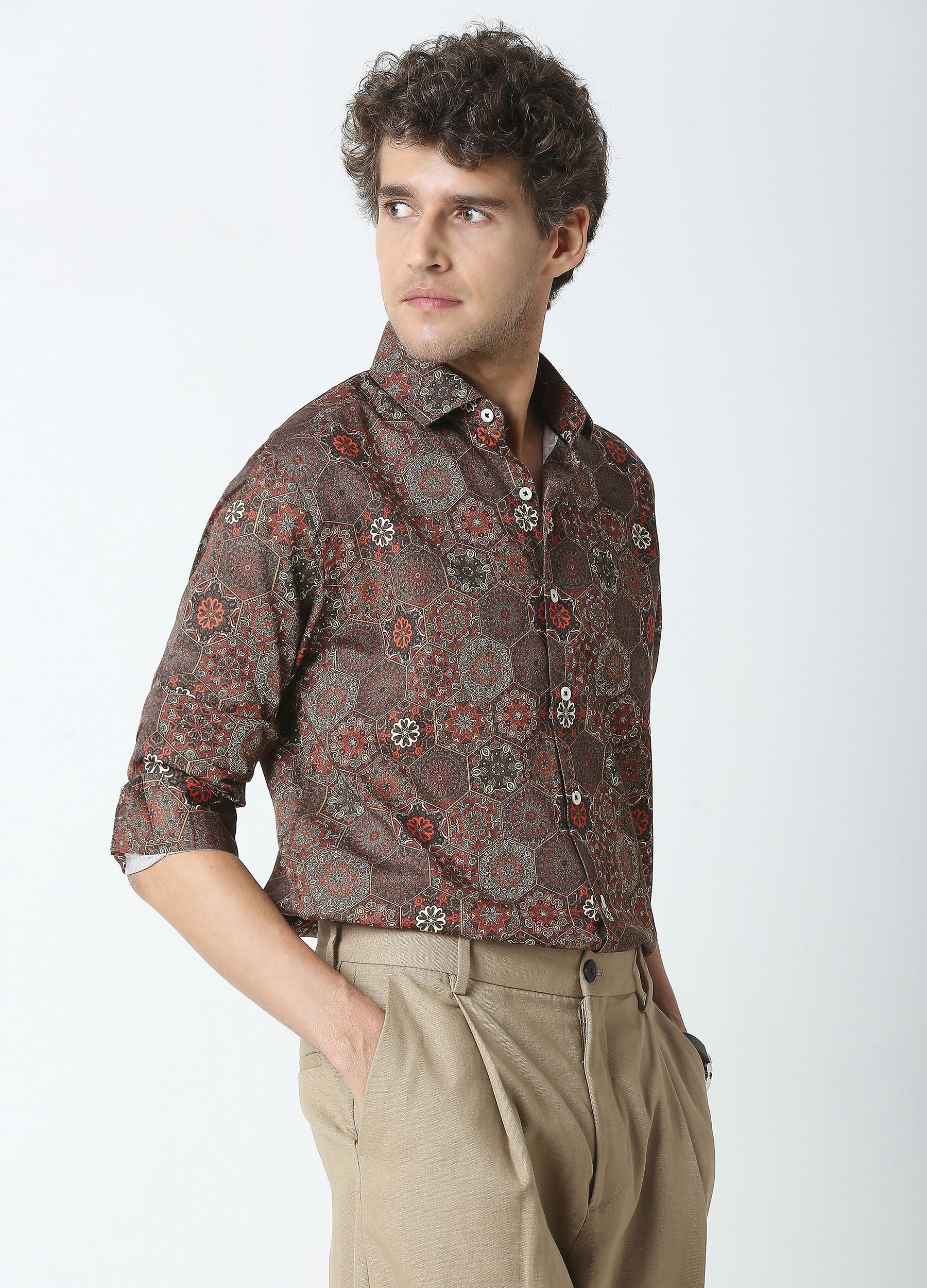Hexa: Satin Damask Print Shirt - Cedar Brown