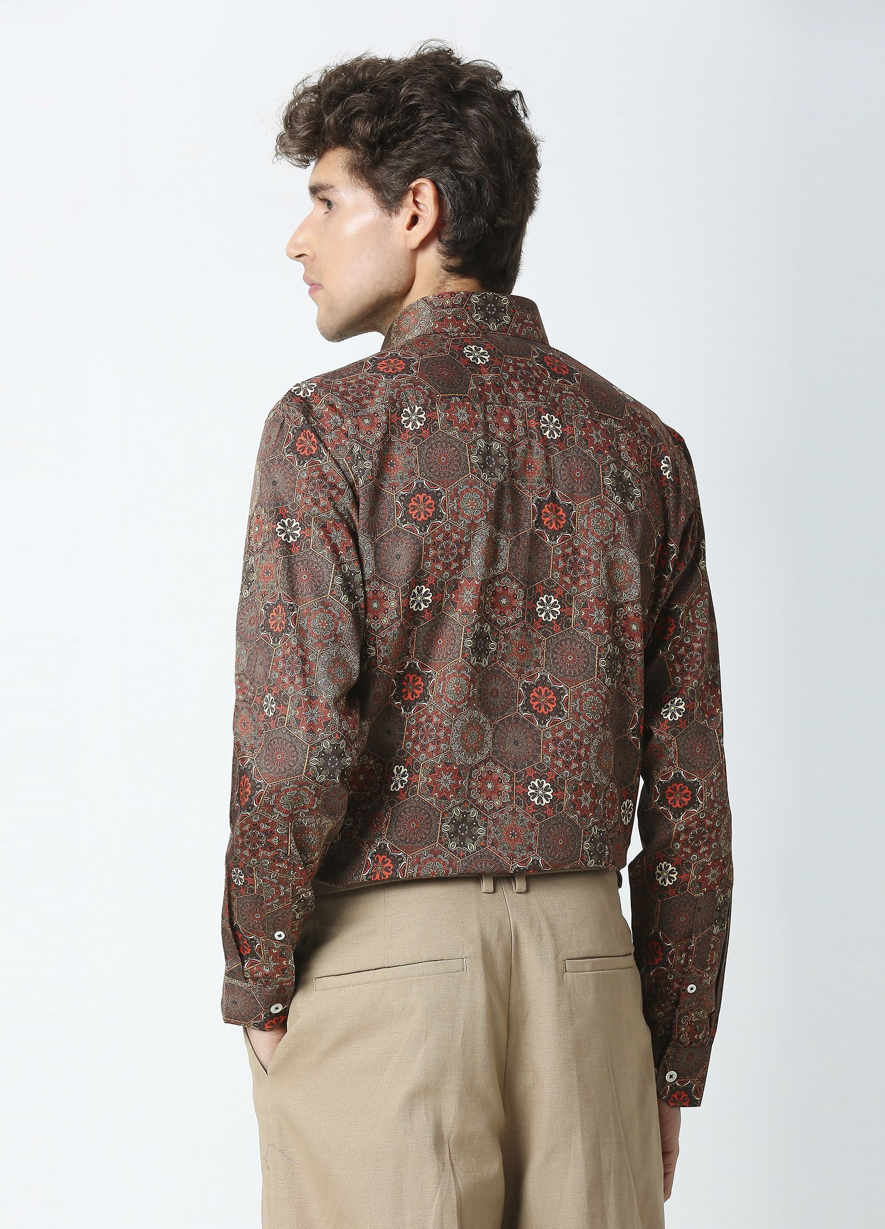 Hexa: Satin Damask Print Shirt - Cedar Brown