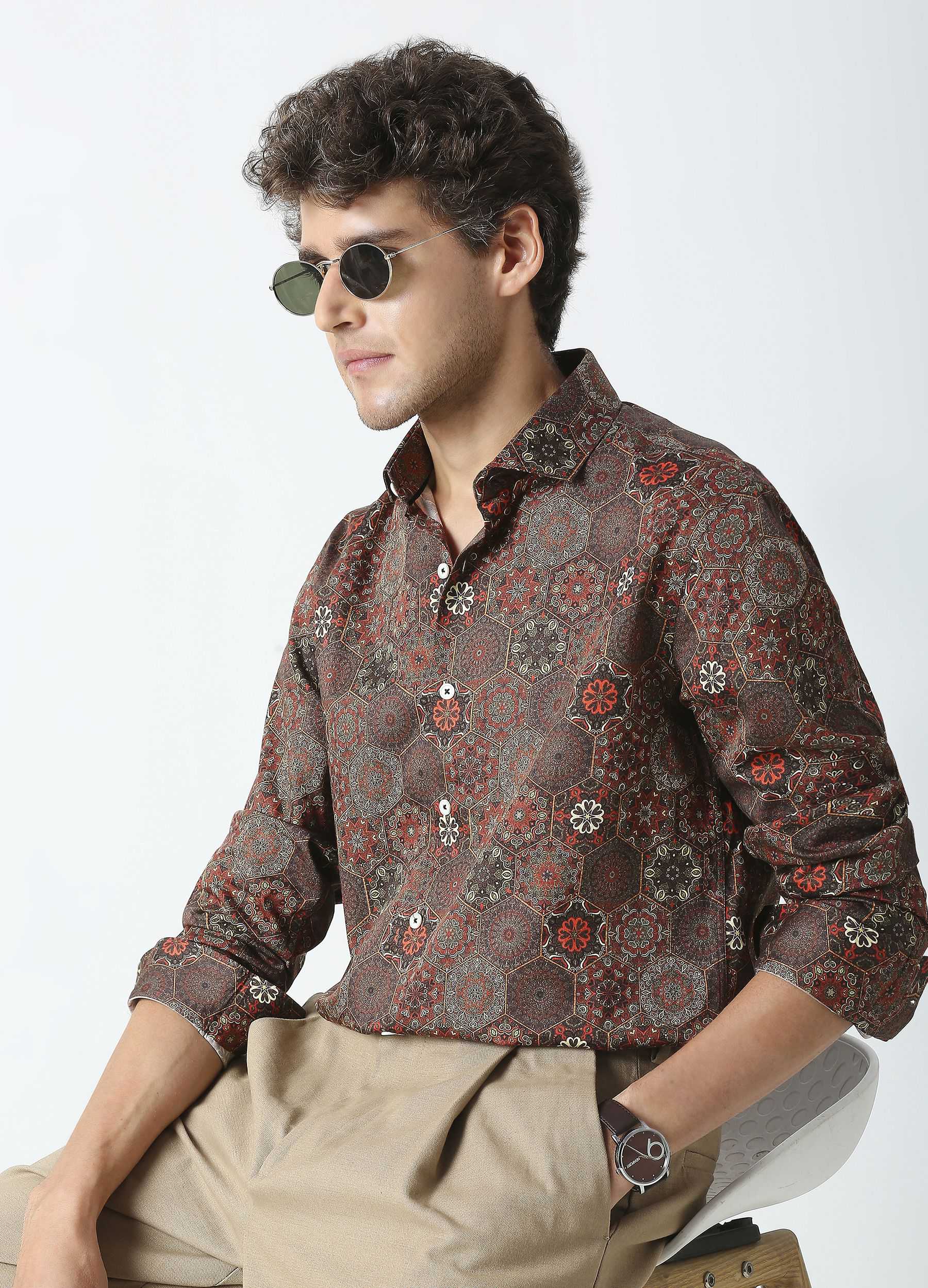 Hexa: Satin Damask Print Shirt - Cedar Brown