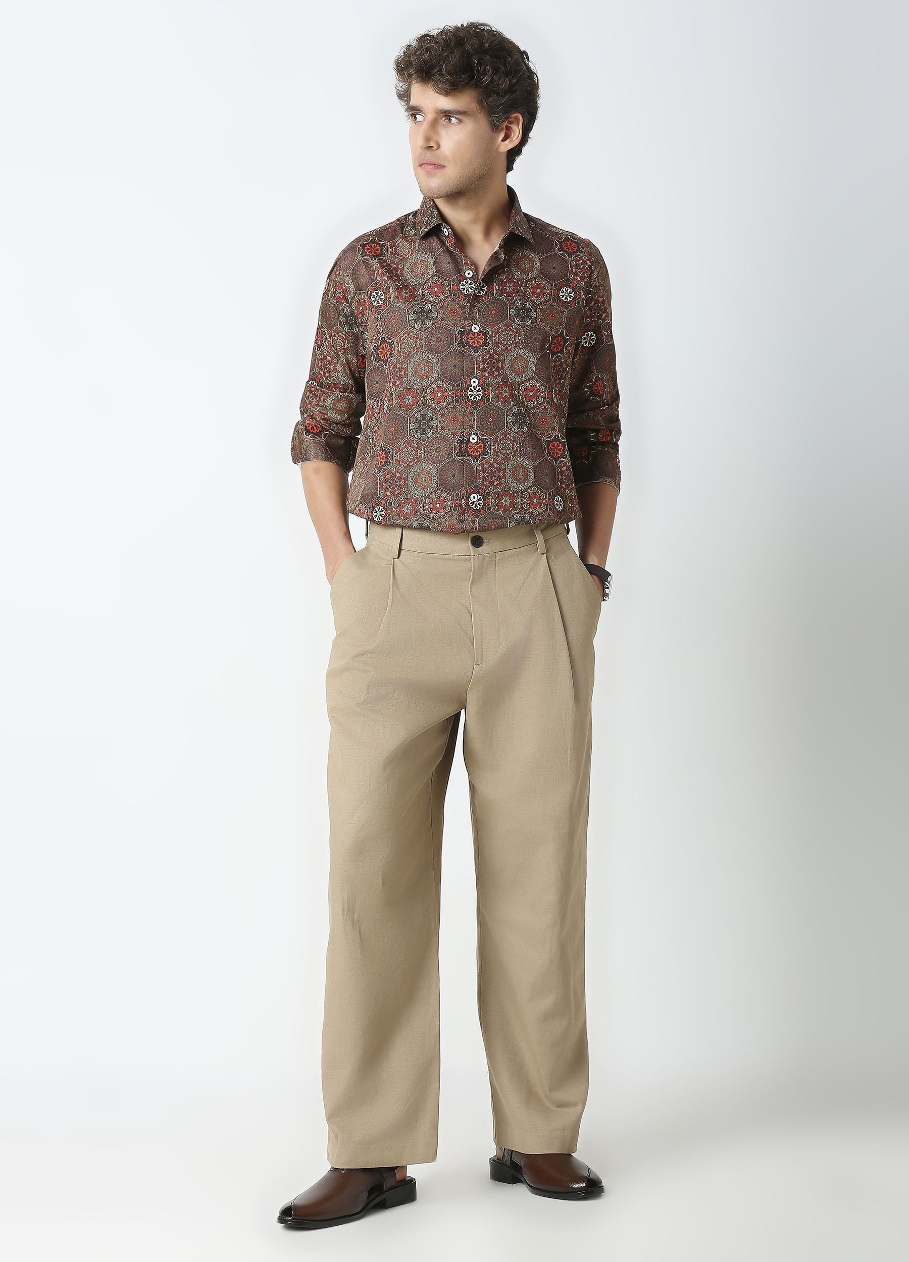 Hexa: Satin Damask Print Shirt - Cedar Brown