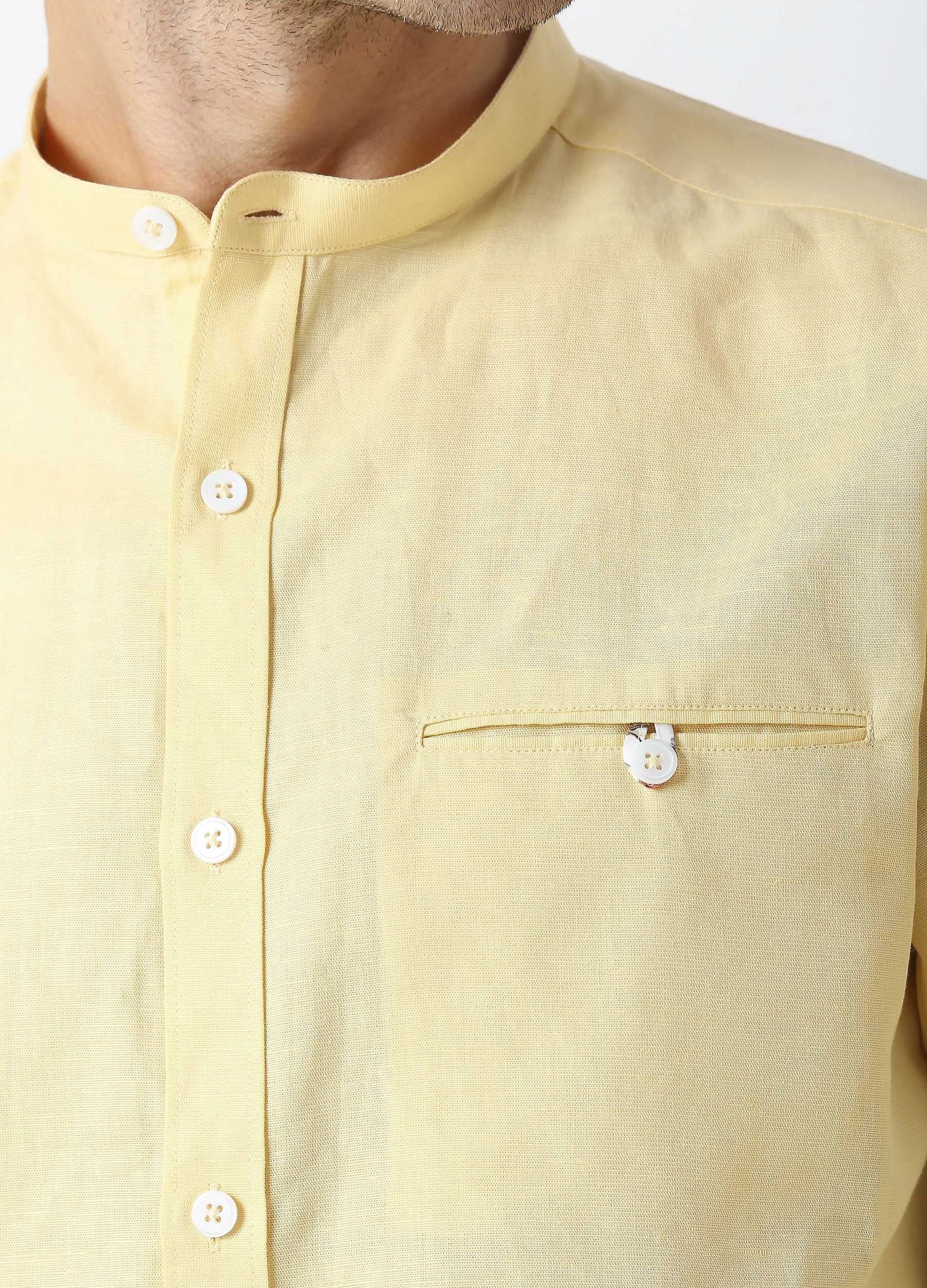 Band Collar Linen Blend Solid Shirt - Lemon Yellow