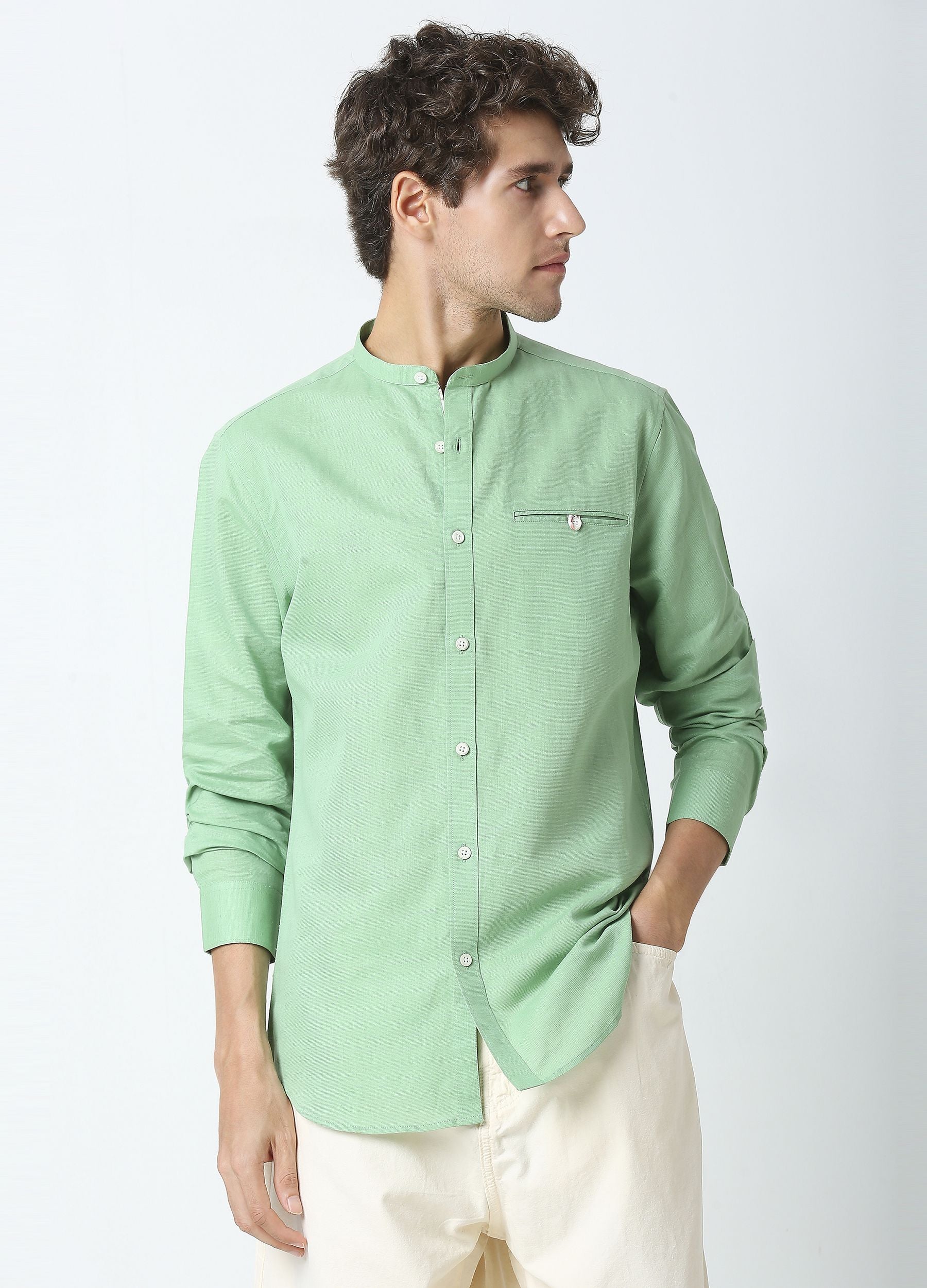 Band Collar Linen Blend Solid Shirt - Basil Green