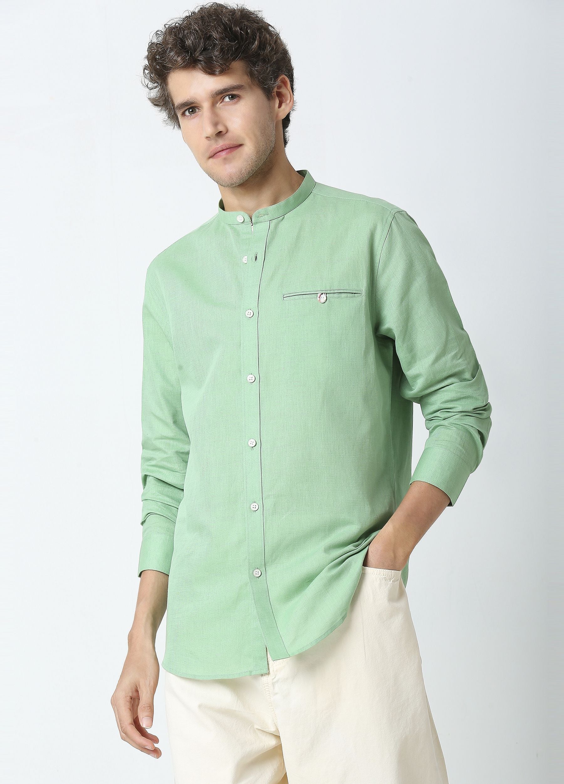 Band Collar Linen Blend Solid Shirt - Basil Green