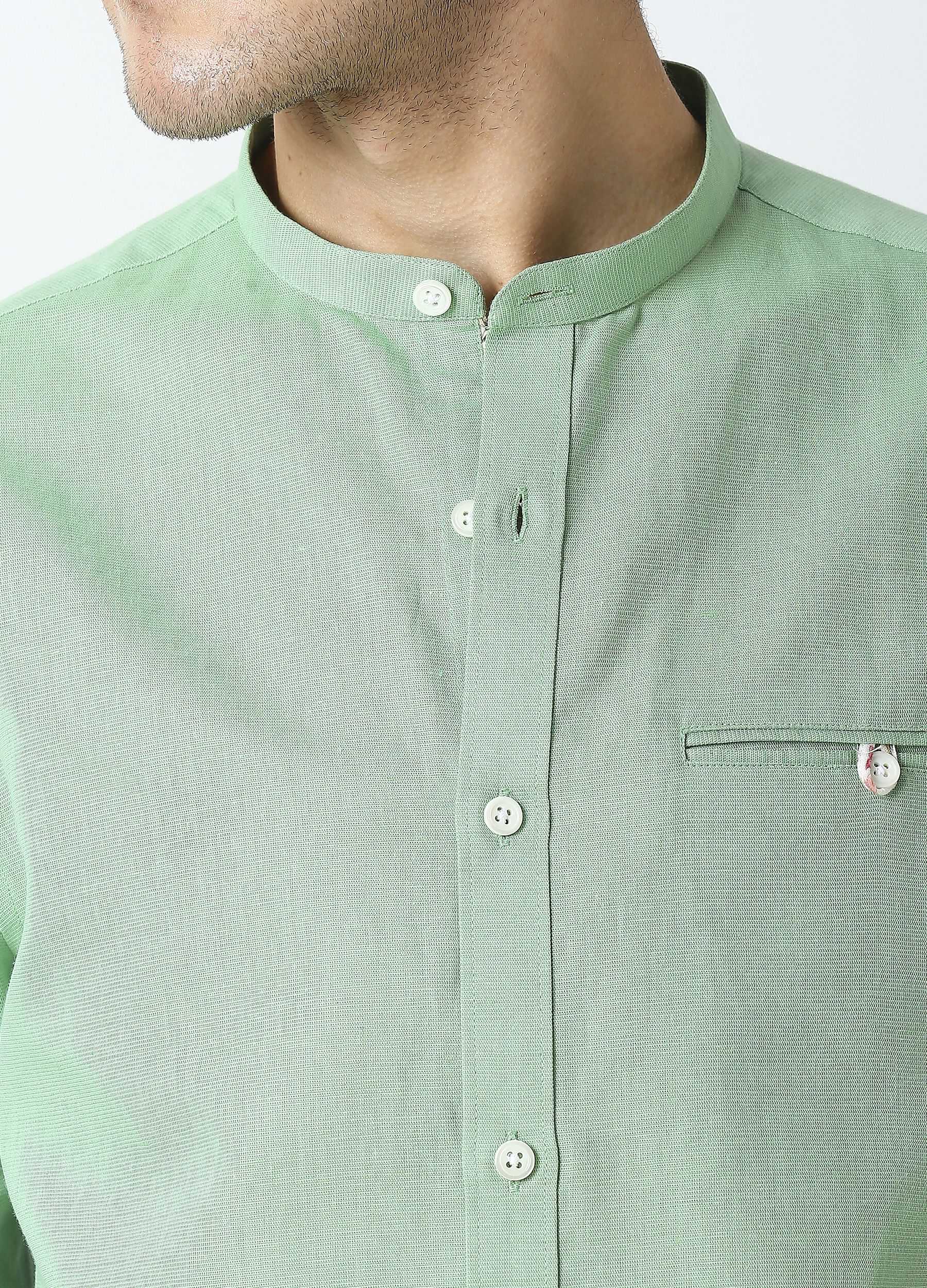 Band Collar Linen Blend Solid Shirt - Basil Green