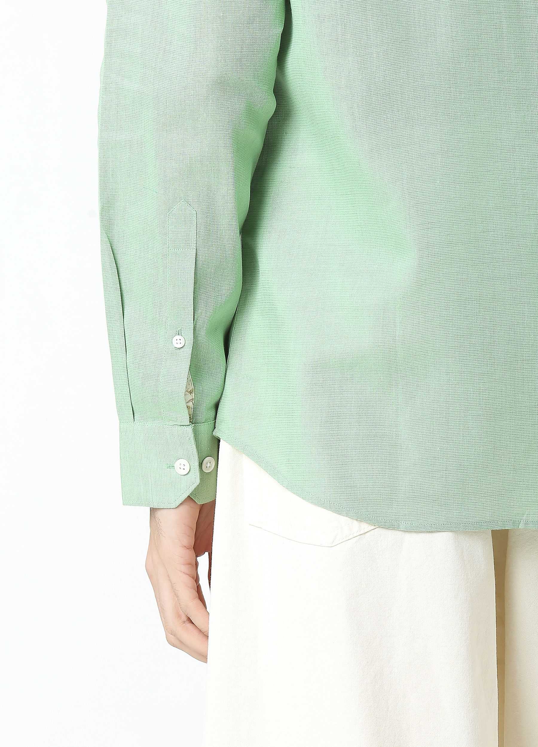 Band Collar Linen Blend Solid Shirt - Basil Green