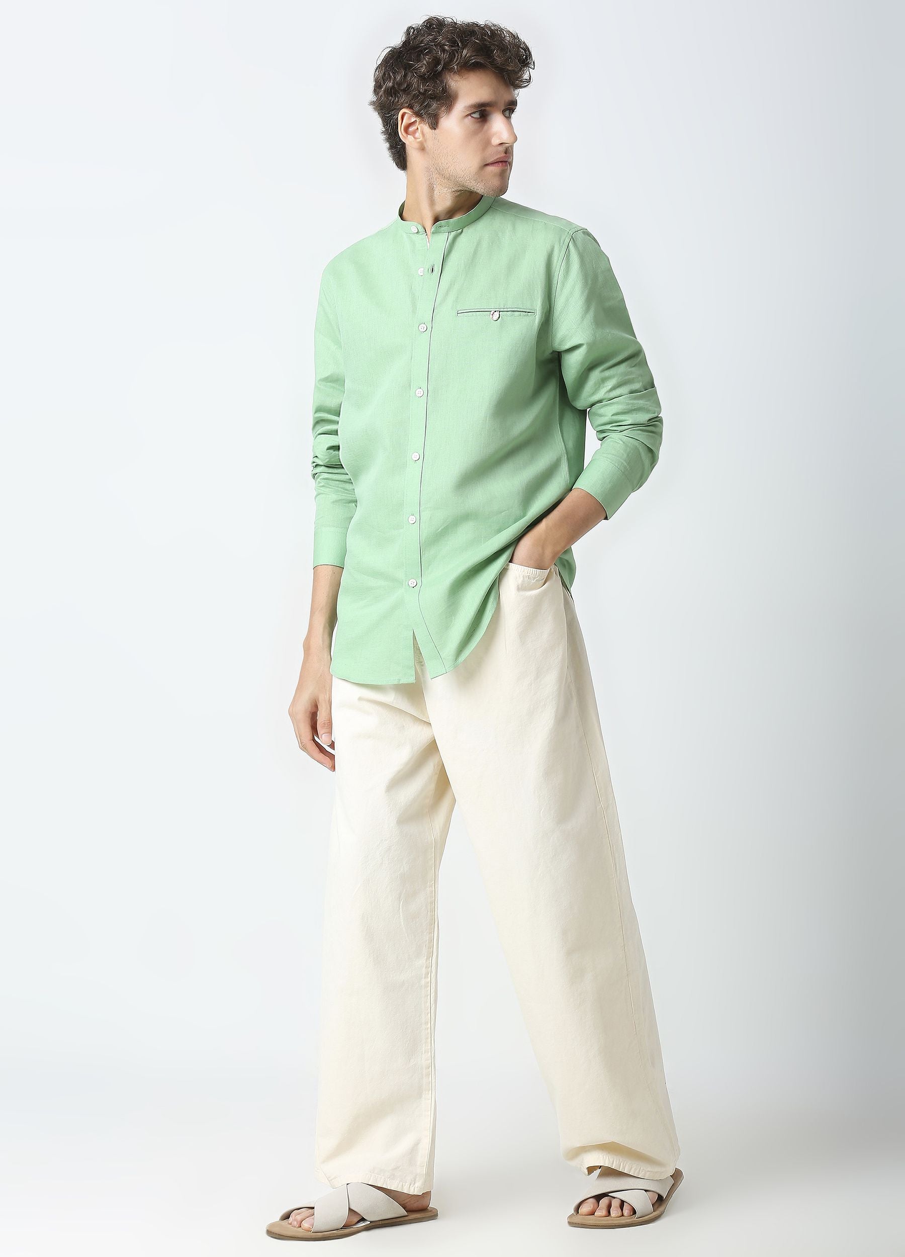 Band Collar Linen Blend Solid Shirt - Basil Green
