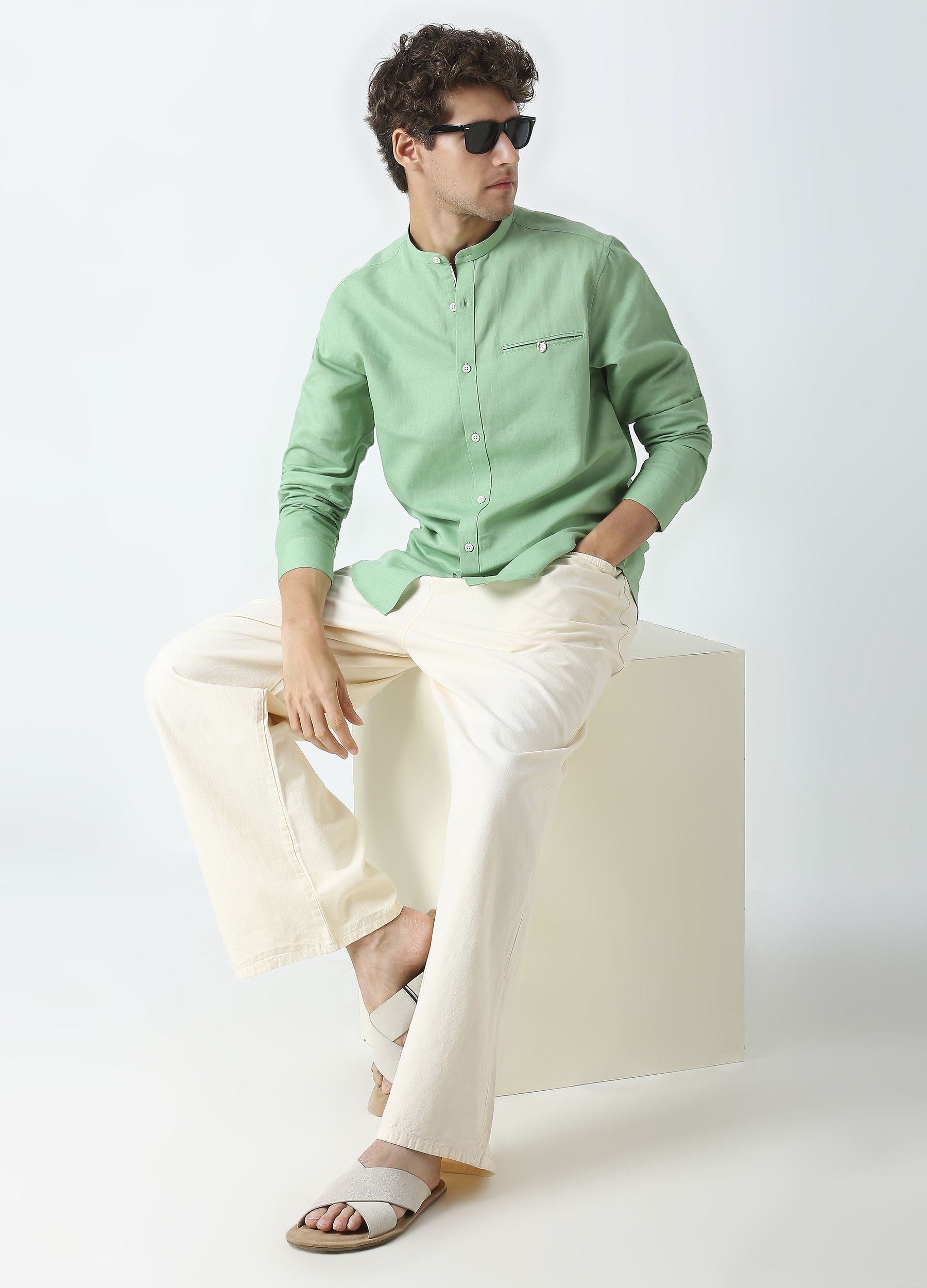 Band Collar Linen Blend Solid Shirt - Basil Green