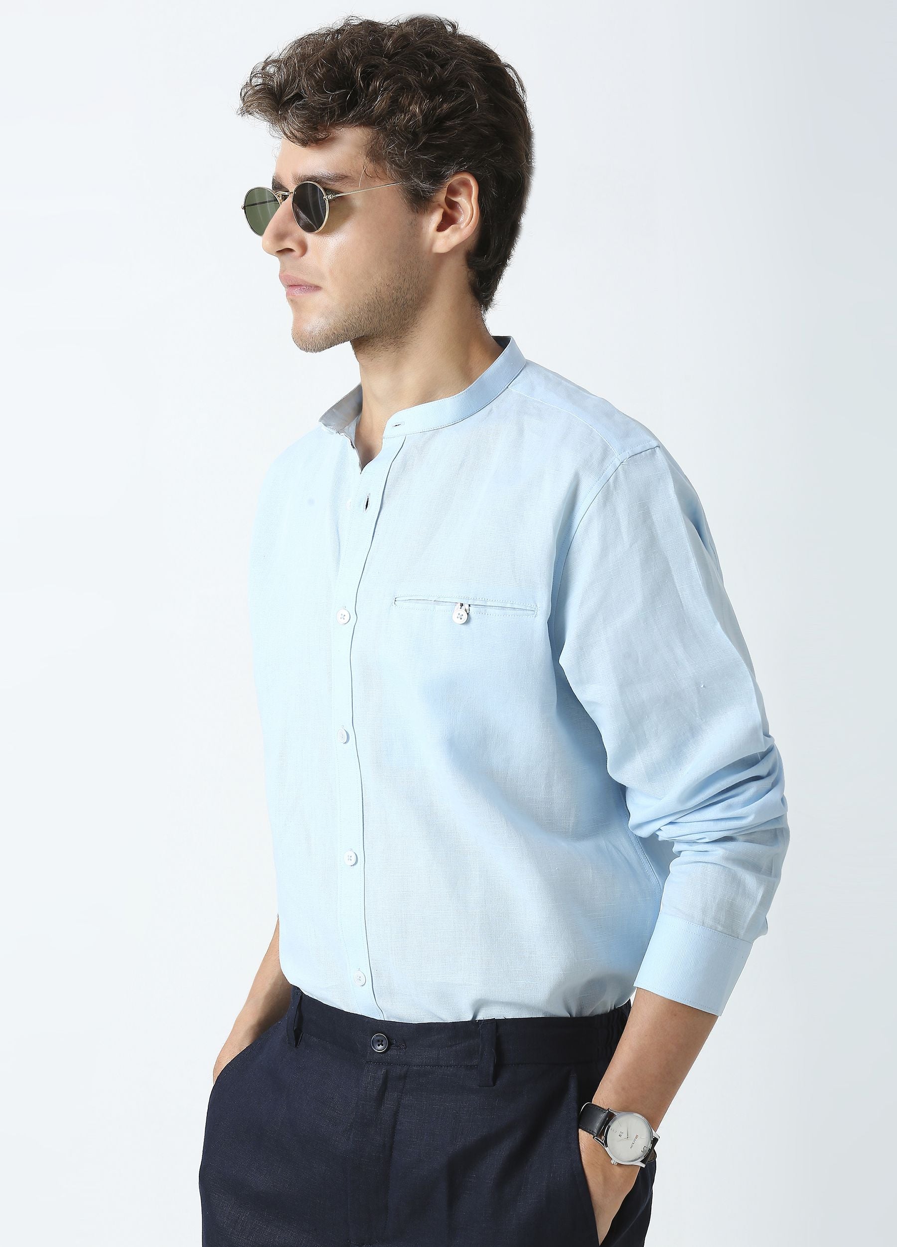Band Collar Linen Blend Solid Shirt - Sky Blue