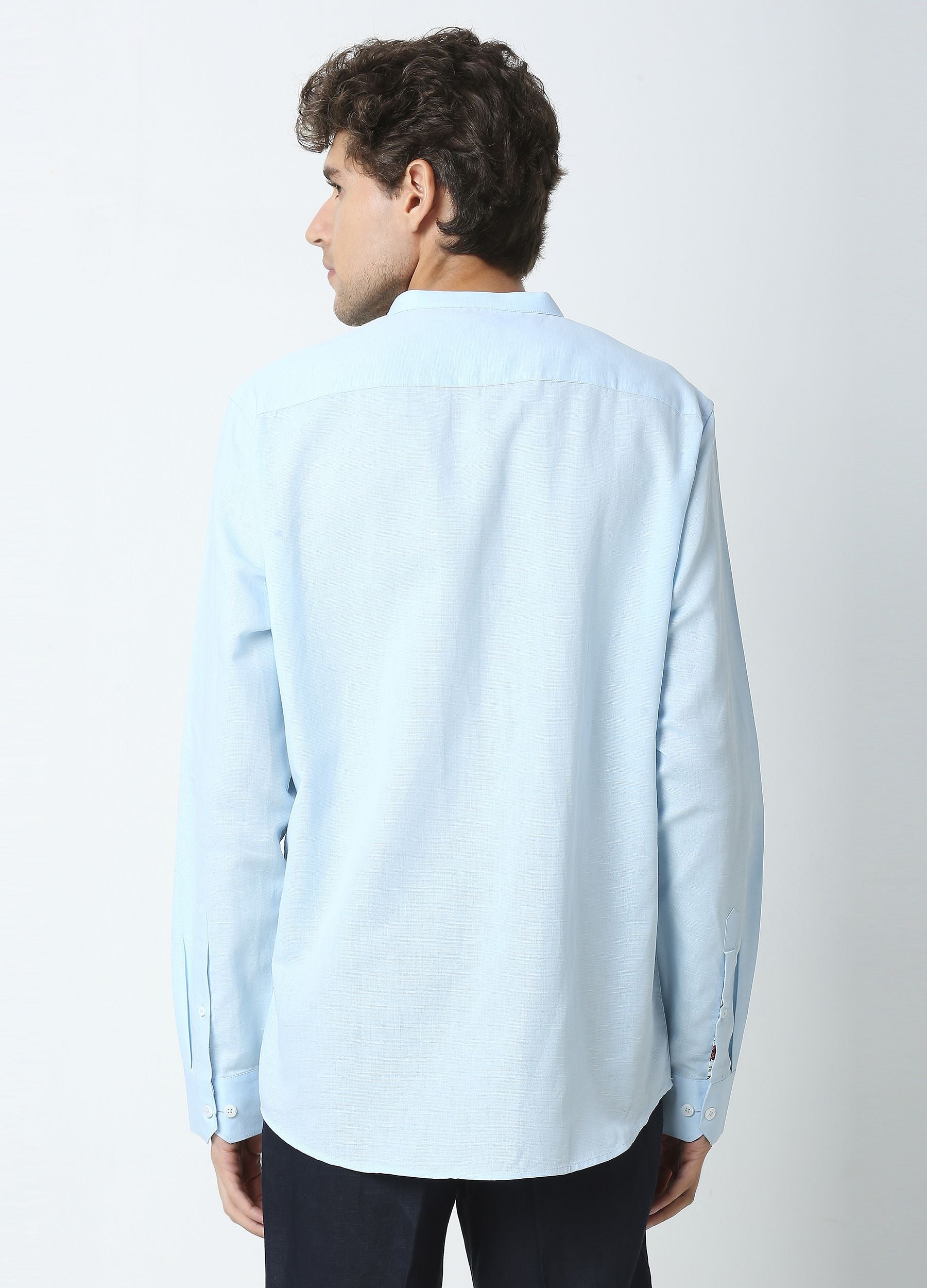 Band Collar Linen Blend Solid Shirt - Sky Blue