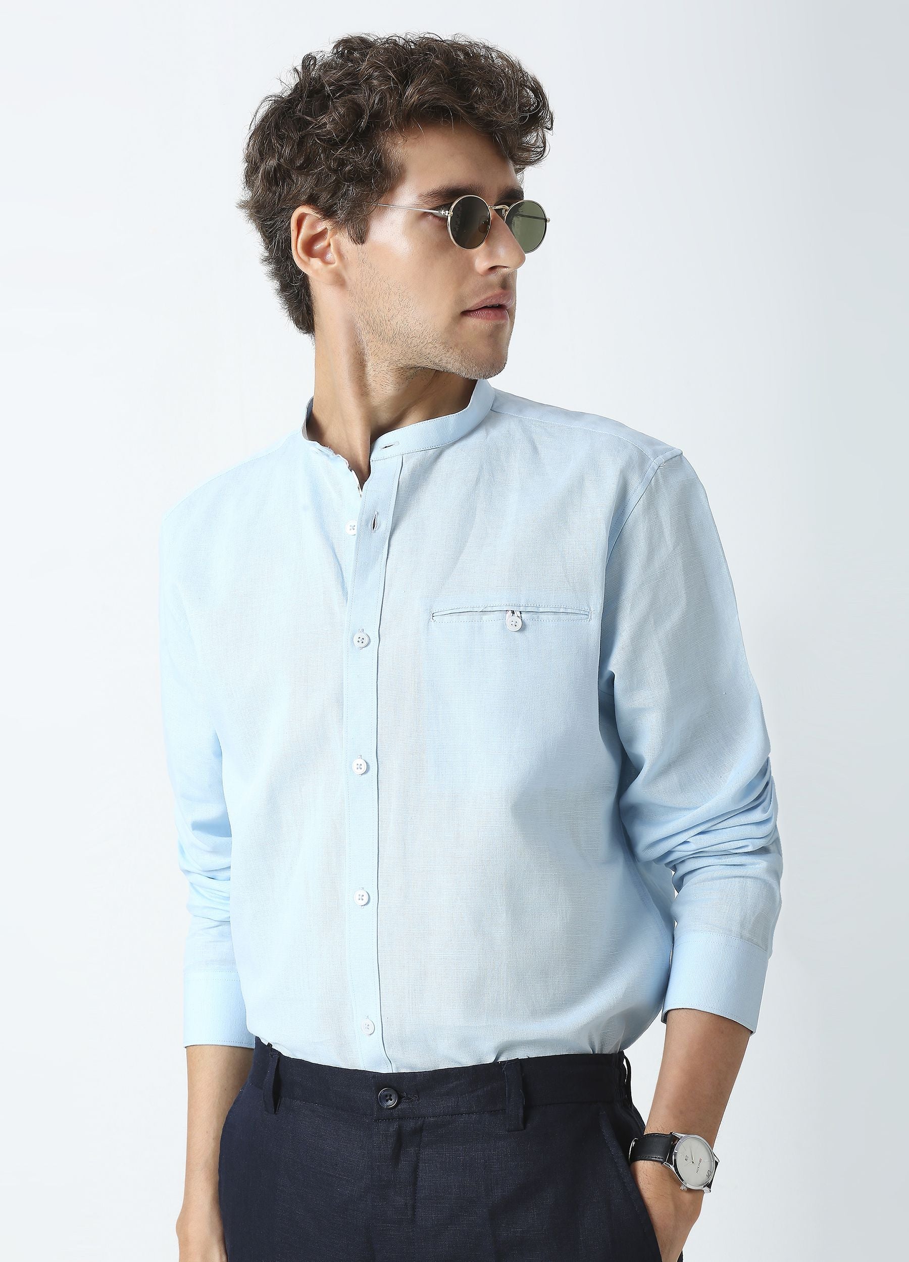 Band Collar Linen Blend Solid Shirt - Sky Blue