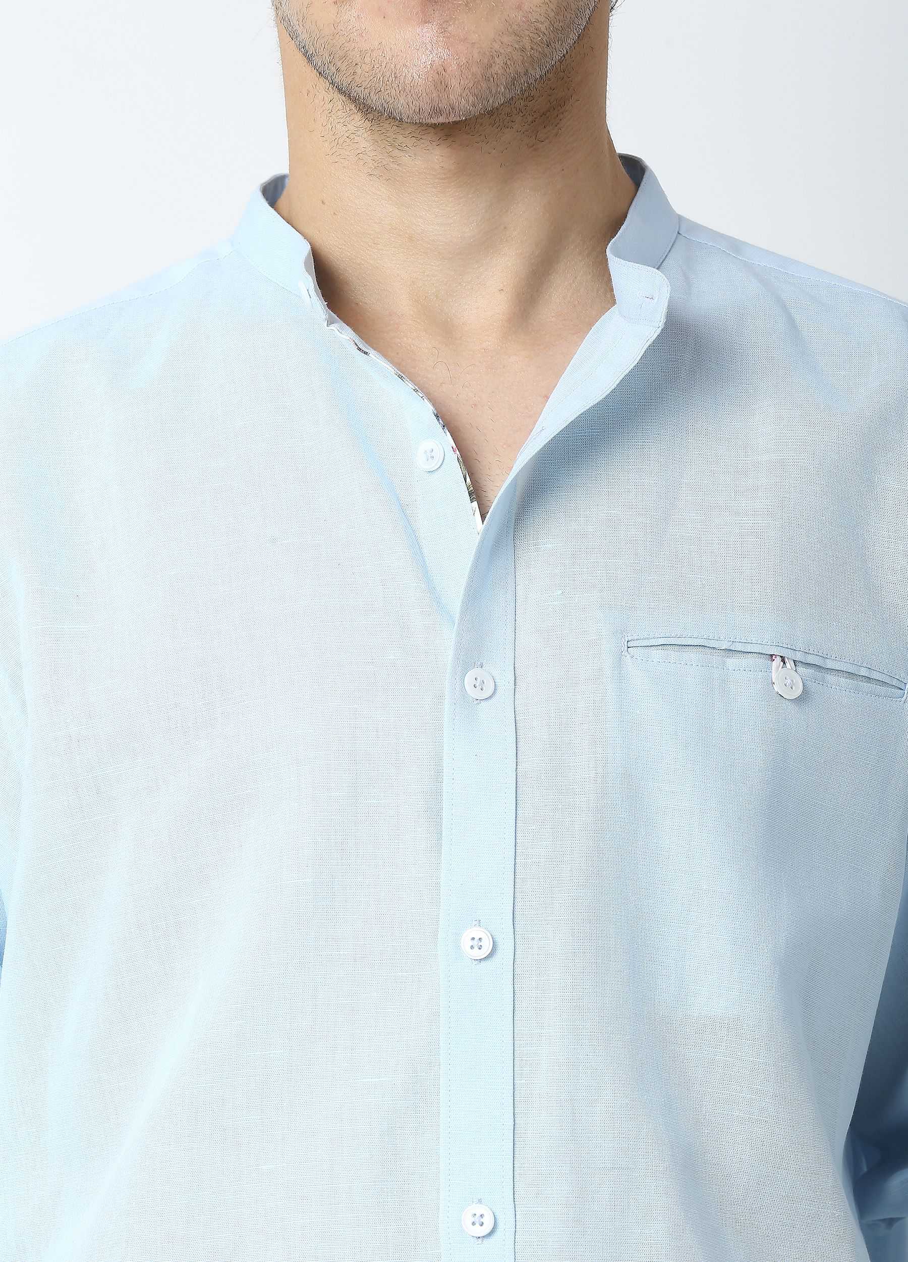 Band Collar Linen Blend Solid Shirt - Sky Blue