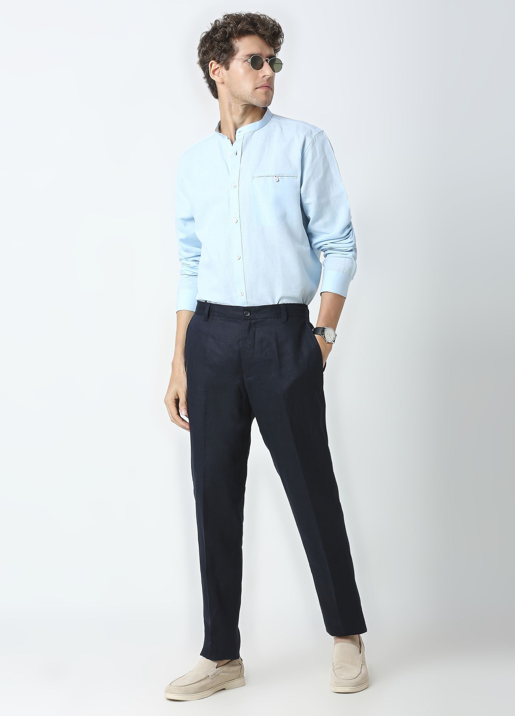 Band Collar Linen Blend Solid Shirt - Sky Blue