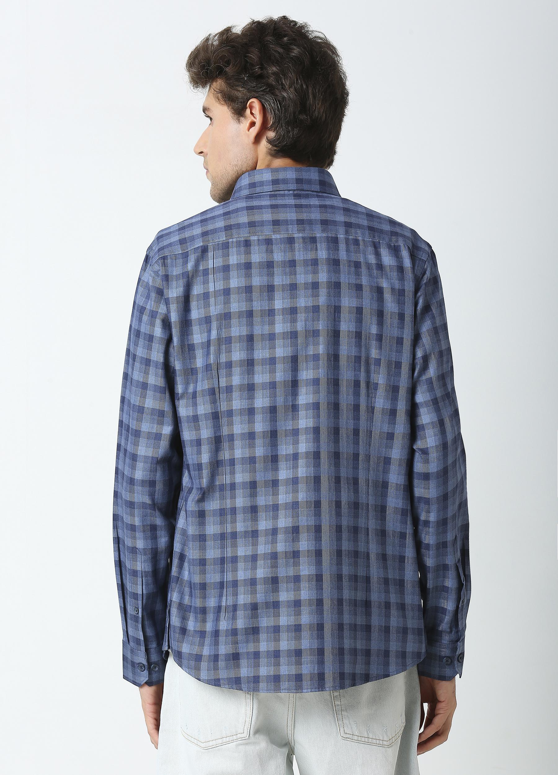 Casual Point Collar Giza Cotton Herringbone Melange Checks Shirt - Cobalt Blue