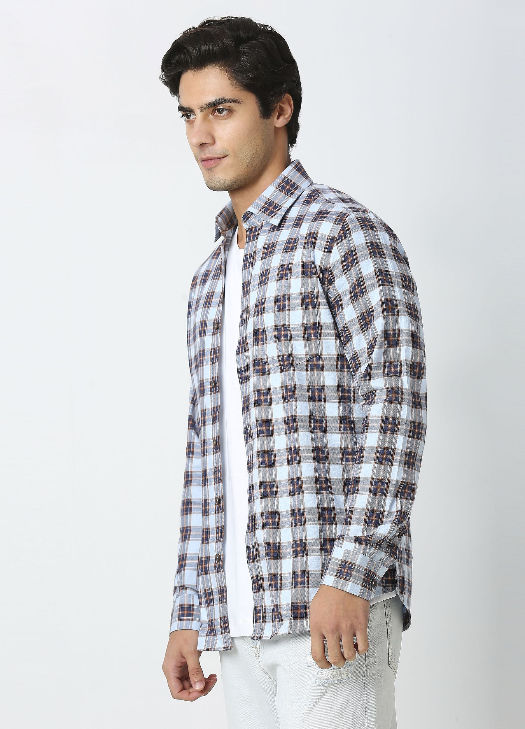 Casual Point Collar Giza Cotton Dupplin Checks Shirt - Sky Blue
