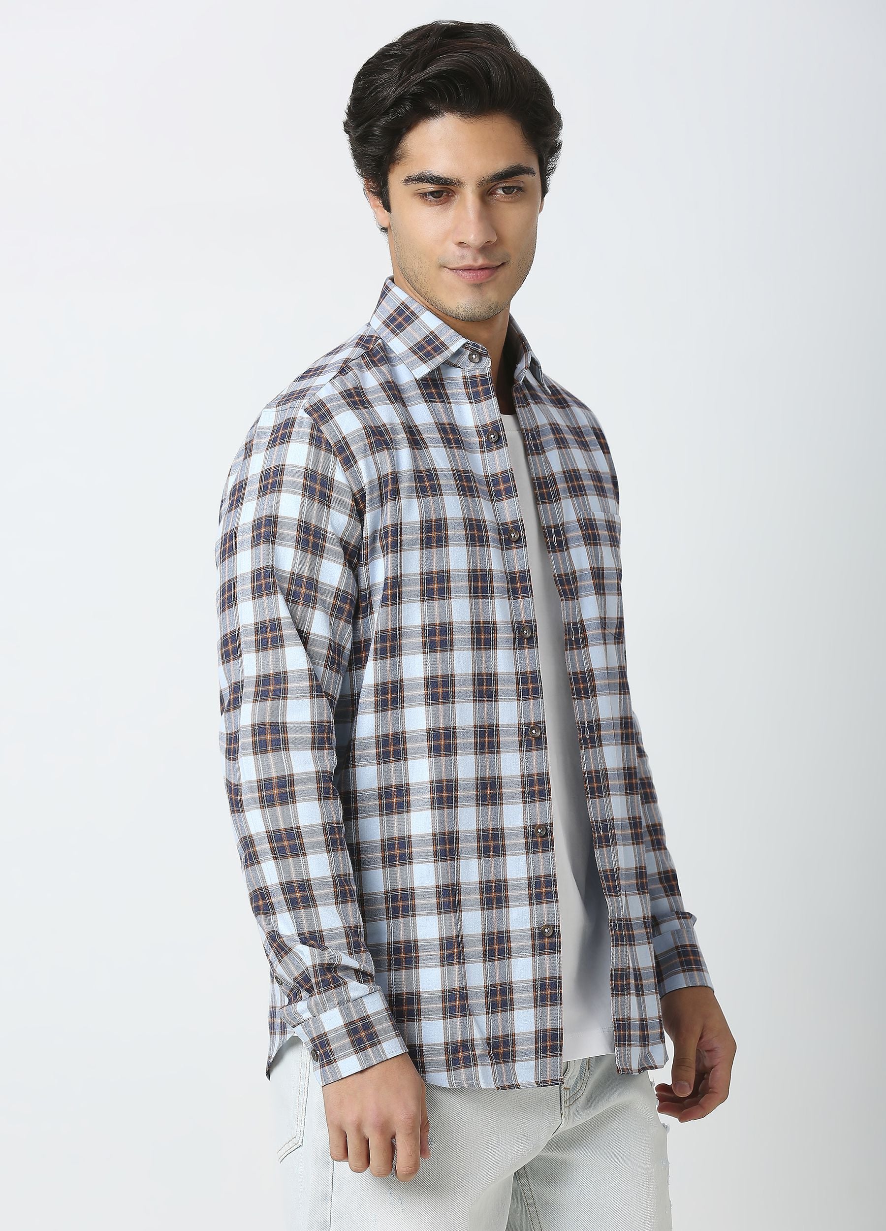 Casual Point Collar Giza Cotton Dupplin Checks Shirt - Sky Blue
