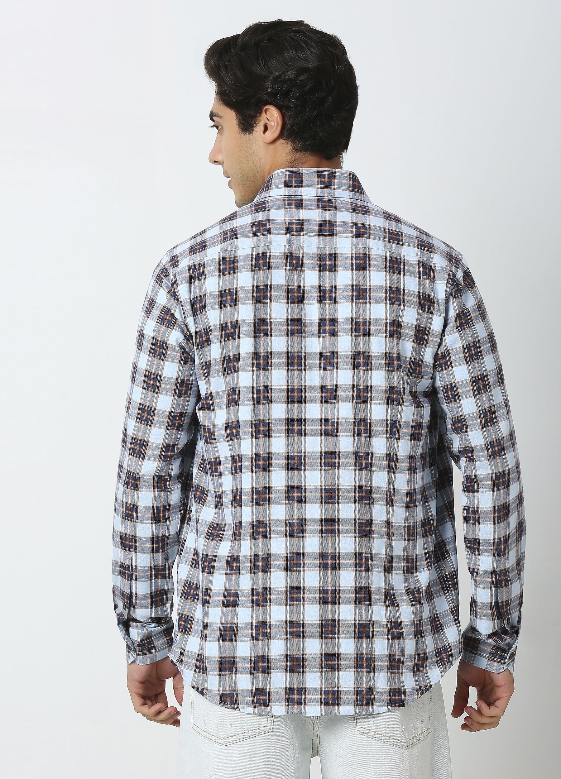Casual Point Collar Giza Cotton Dupplin Checks Shirt - Sky Blue