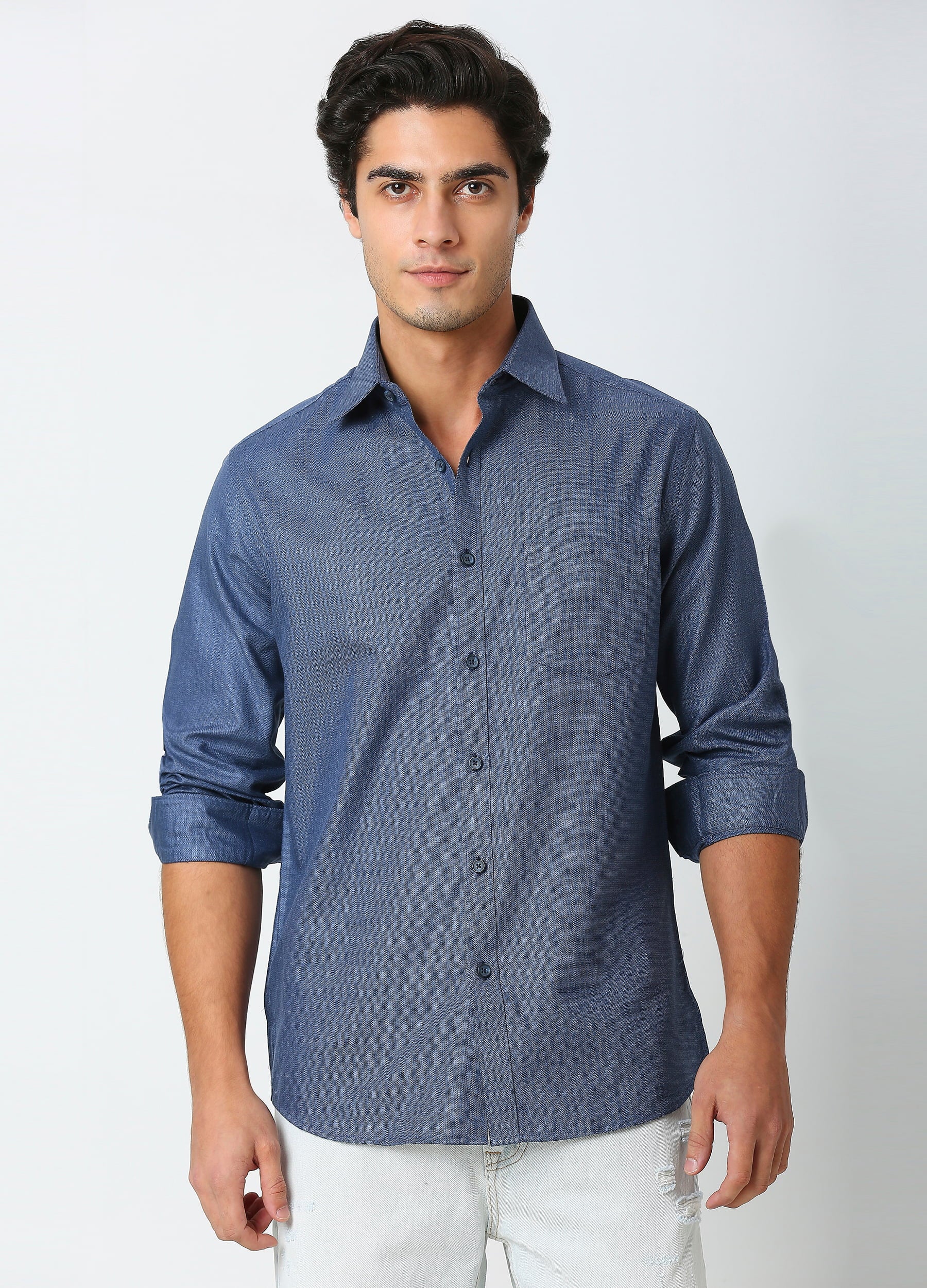 Casual Point Collar Giza Cotton Herringbone Shirt - Denim Blue