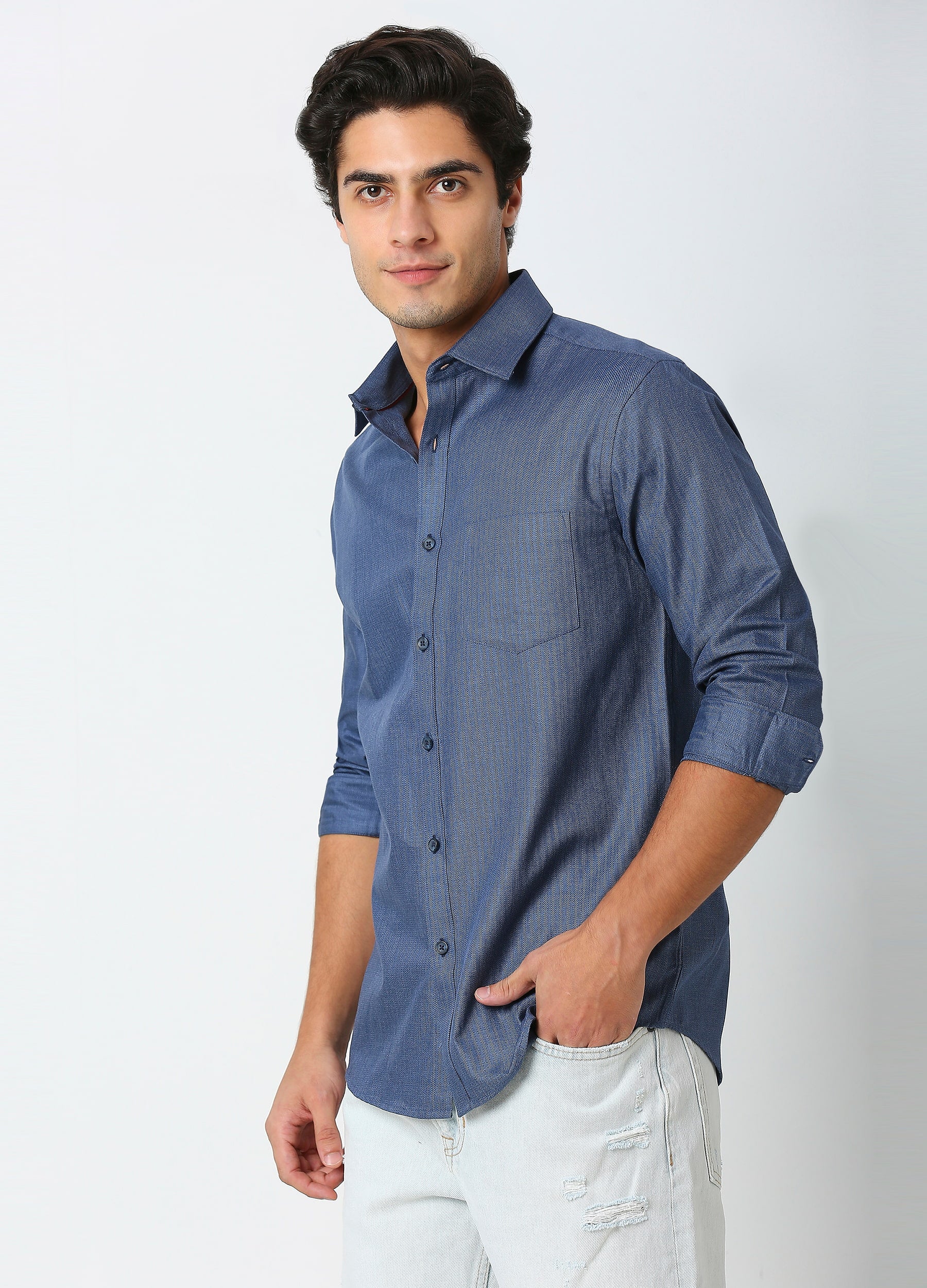 Casual Point Collar Giza Cotton Herringbone Shirt - Denim Blue