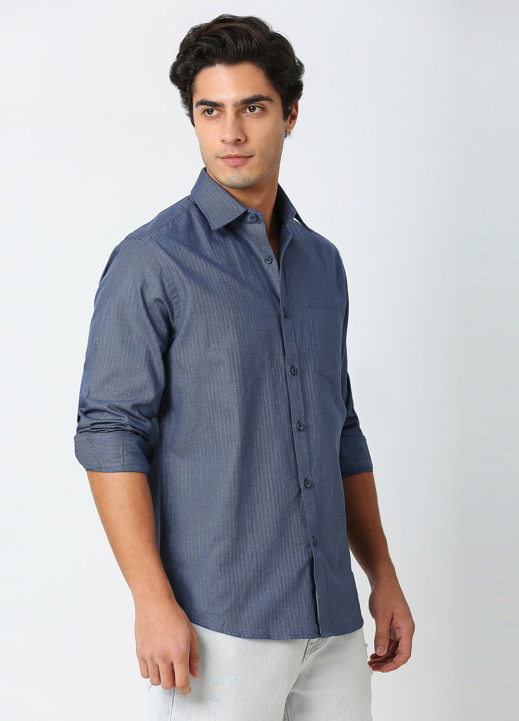 Casual Point Collar Giza Cotton Herringbone Shirt - Denim Blue